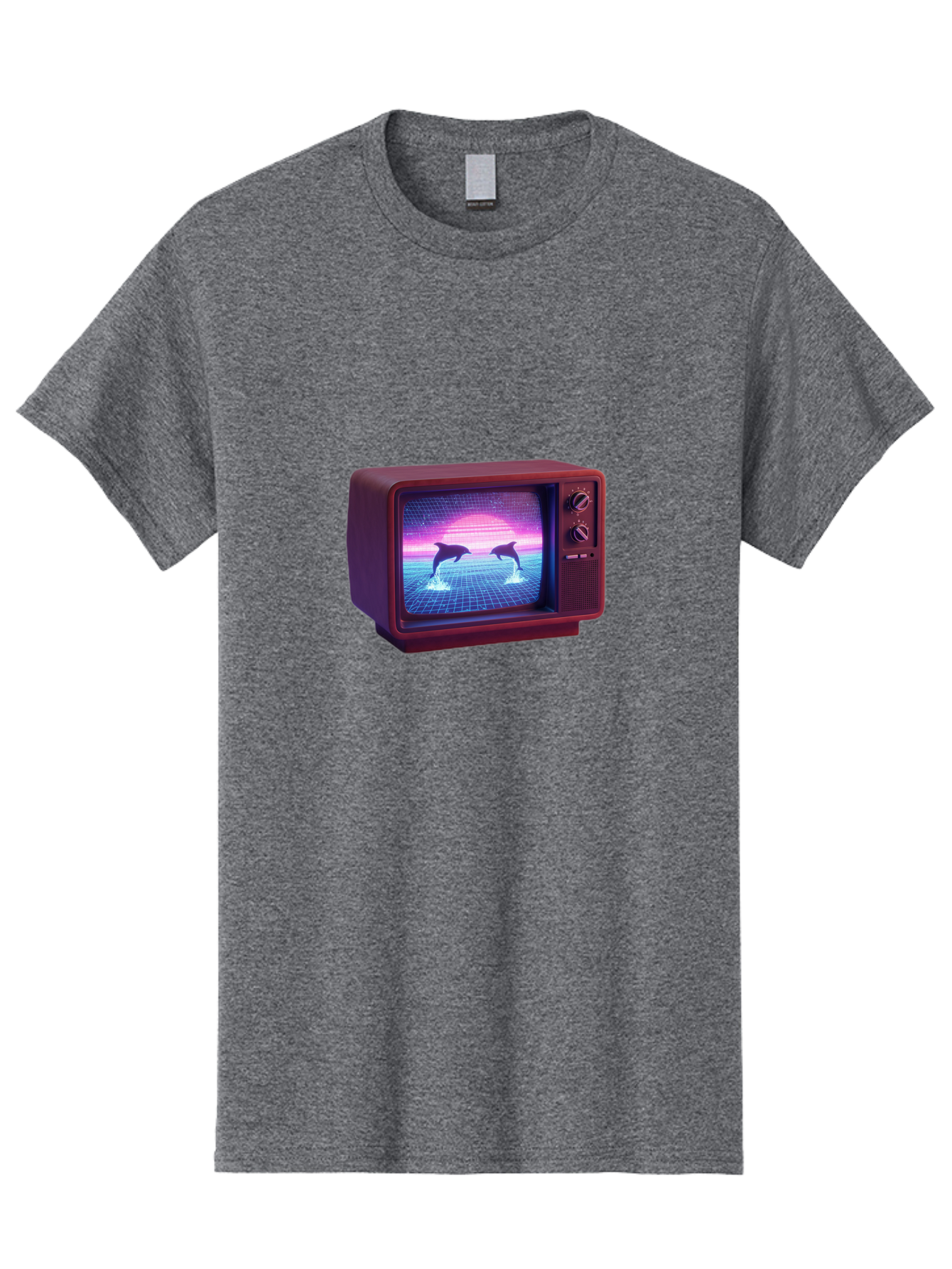 Two-Dolphins Men'S Graphic Tee, 100% Cotton, Comfortable Casual Summer Wear, Machine Washable, Retro Television, Vaporwave Aesthetic, Pixel Art, Dolphins, Sunset, 80S Nostalgia, Pixelated Graphics, Synthwave, Retrofuturism, Old School Tv Bac526