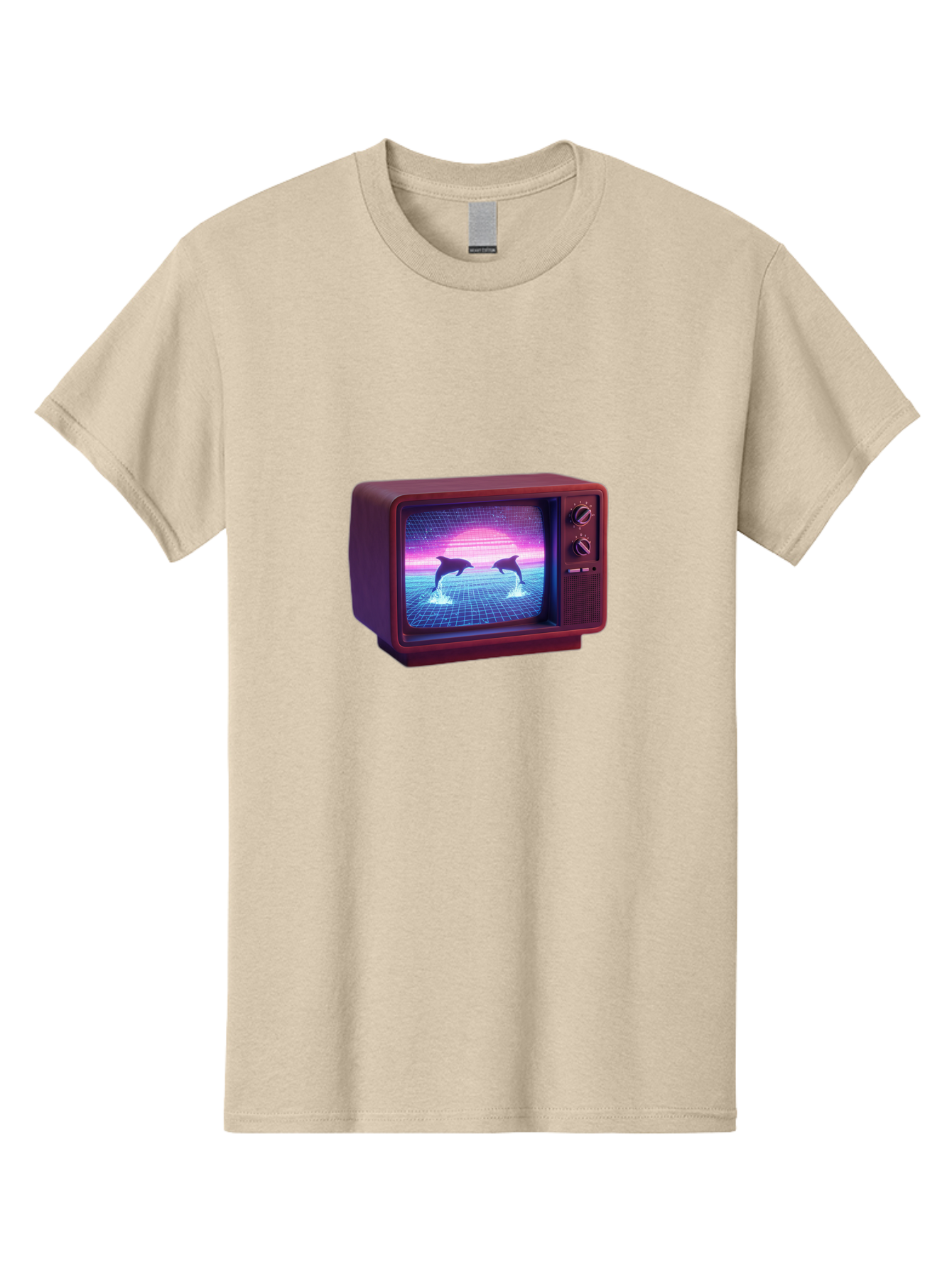 Two-Dolphins Men'S Graphic Tee, 100% Cotton, Comfortable Casual Summer Wear, Machine Washable, Retro Television, Vaporwave Aesthetic, Pixel Art, Dolphins, Sunset, 80S Nostalgia, Pixelated Graphics, Synthwave, Retrofuturism, Old School Tv Bac526