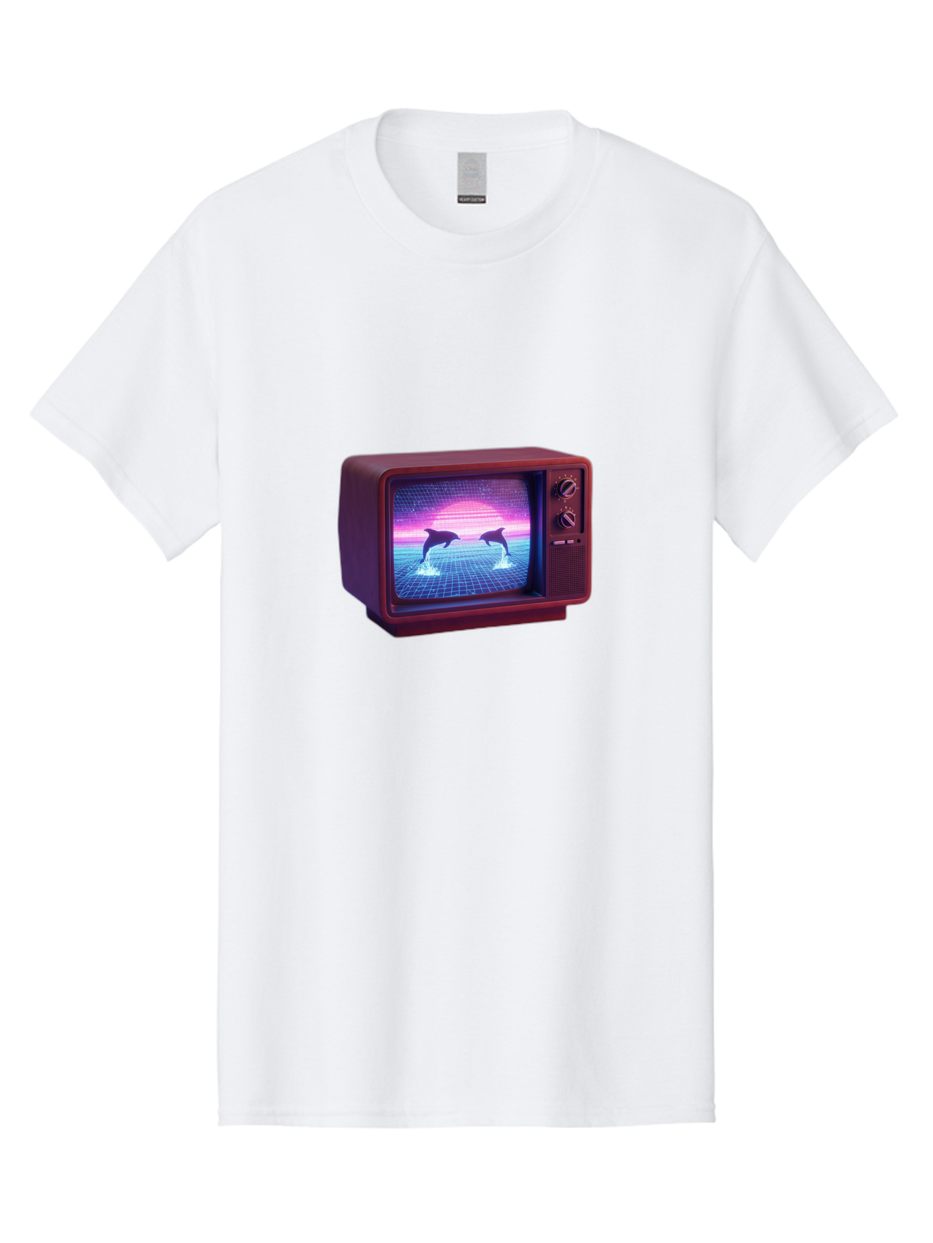 Two-Dolphins Men'S Graphic Tee, 100% Cotton, Comfortable Casual Summer Wear, Machine Washable, Retro Television, Vaporwave Aesthetic, Pixel Art, Dolphins, Sunset, 80S Nostalgia, Pixelated Graphics, Synthwave, Retrofuturism, Old School Tv Bac526