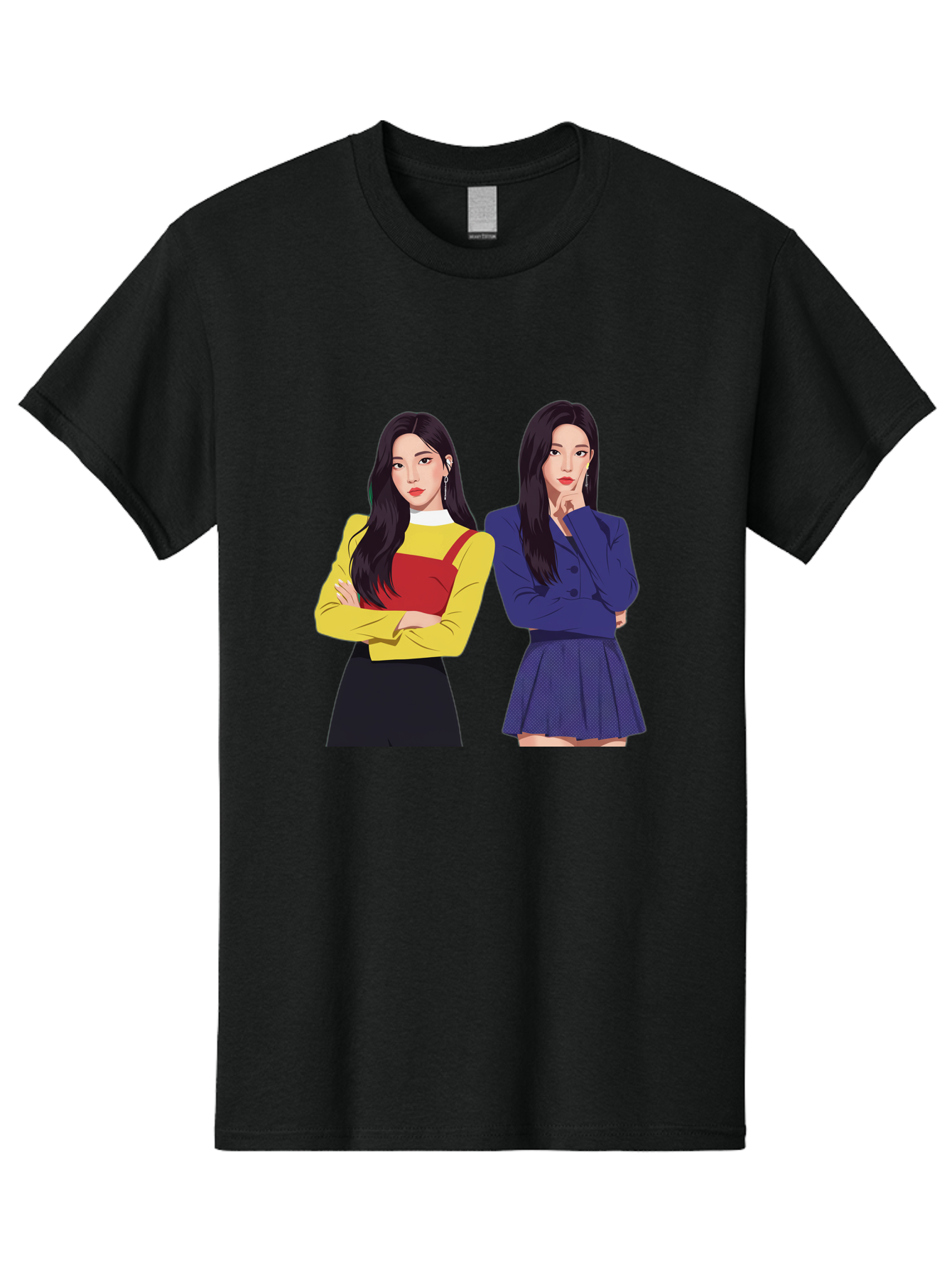 Two-Women Men'S Graphic Tee, 100% Cotton, Comfortable Casual Summer Wear, Machine Washable, Two Women Standing, Long Black Hair, Fashionable Clothing, Confident Poses, Contrasting Outfits, Yellow And Red, Blue Jacket, Pleated Skirt, Bac527
