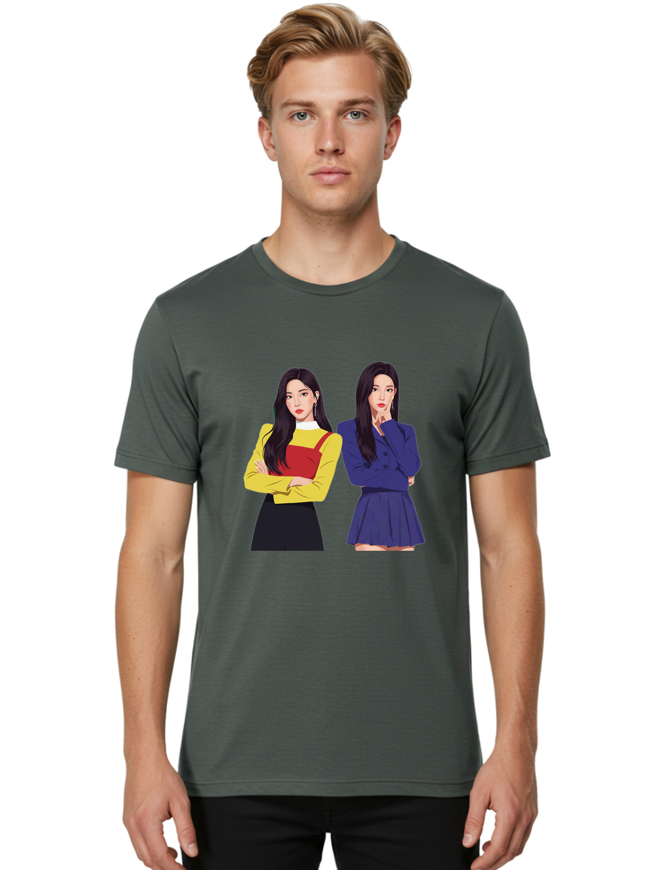 Two-Women Men'S Graphic Tee, 100% Cotton, Comfortable Casual Summer Wear, Machine Washable, Two Women Standing, Long Black Hair, Fashionable Clothing, Confident Poses, Contrasting Outfits, Yellow And Red, Blue Jacket, Pleated Skirt, Bac527
