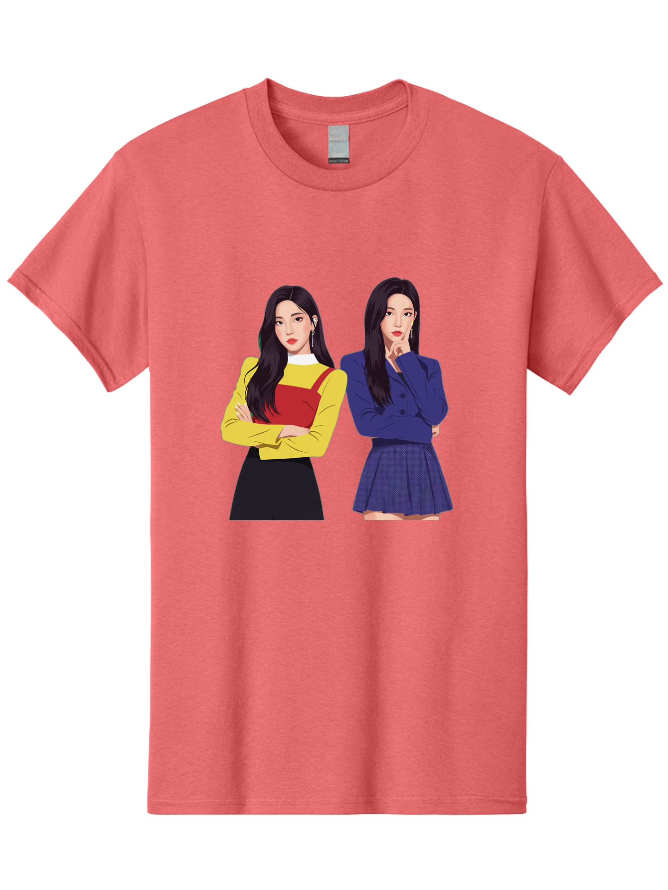 Two-Women Men'S Graphic Tee, 100% Cotton, Comfortable Casual Summer Wear, Machine Washable, Two Women Standing, Long Black Hair, Fashionable Clothing, Confident Poses, Contrasting Outfits, Yellow And Red, Blue Jacket, Pleated Skirt, Bac527
