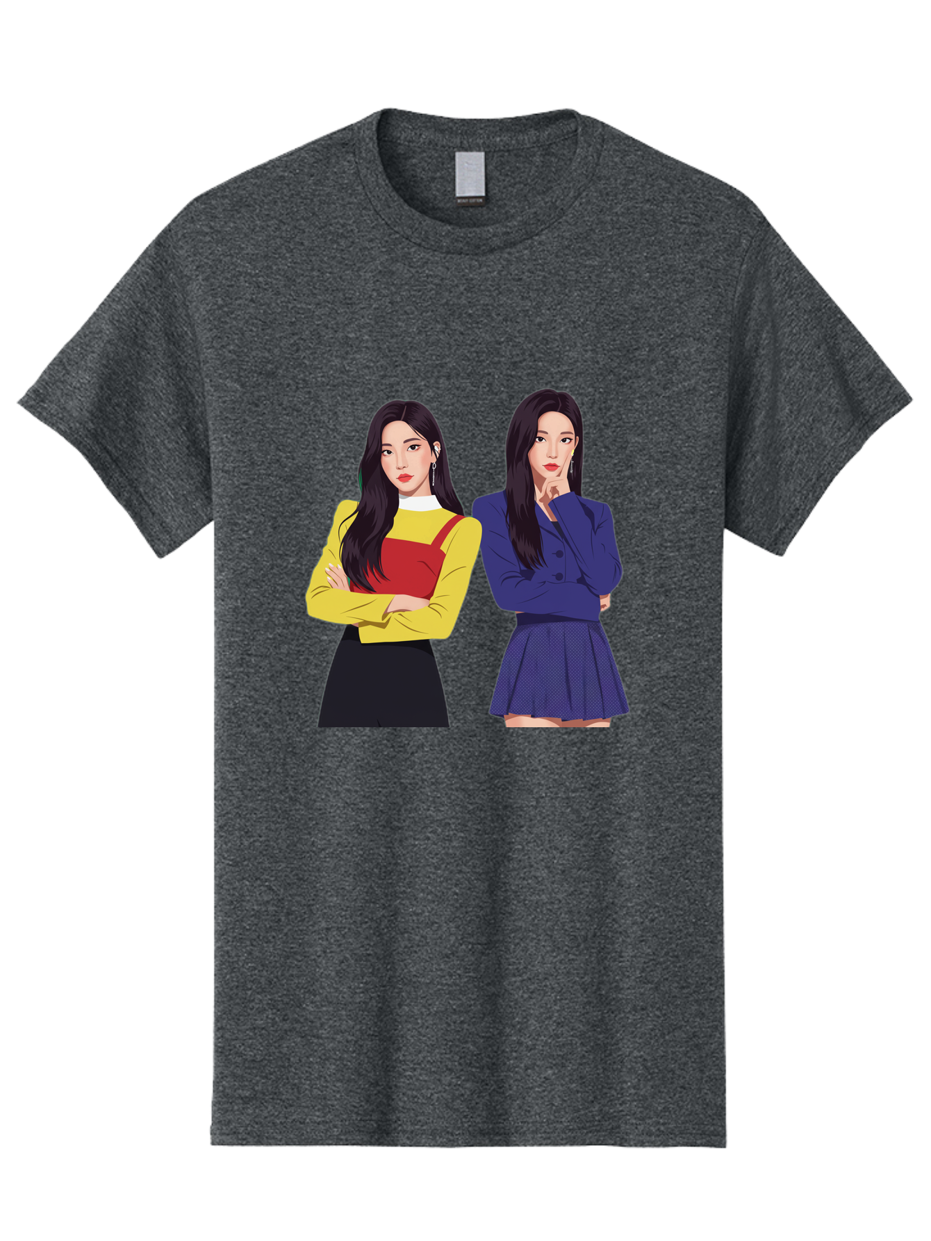 Two-Women Men'S Graphic Tee, 100% Cotton, Comfortable Casual Summer Wear, Machine Washable, Two Women Standing, Long Black Hair, Fashionable Clothing, Confident Poses, Contrasting Outfits, Yellow And Red, Blue Jacket, Pleated Skirt, Bac527