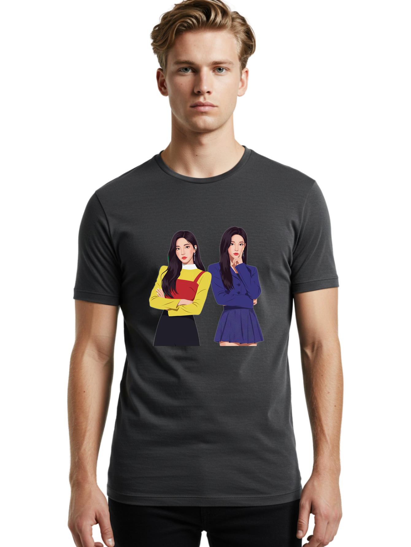 Two-Women Men'S Graphic Tee, 100% Cotton, Comfortable Casual Summer Wear, Machine Washable, Two Women Standing, Long Black Hair, Fashionable Clothing, Confident Poses, Contrasting Outfits, Yellow And Red, Blue Jacket, Pleated Skirt, Bac527