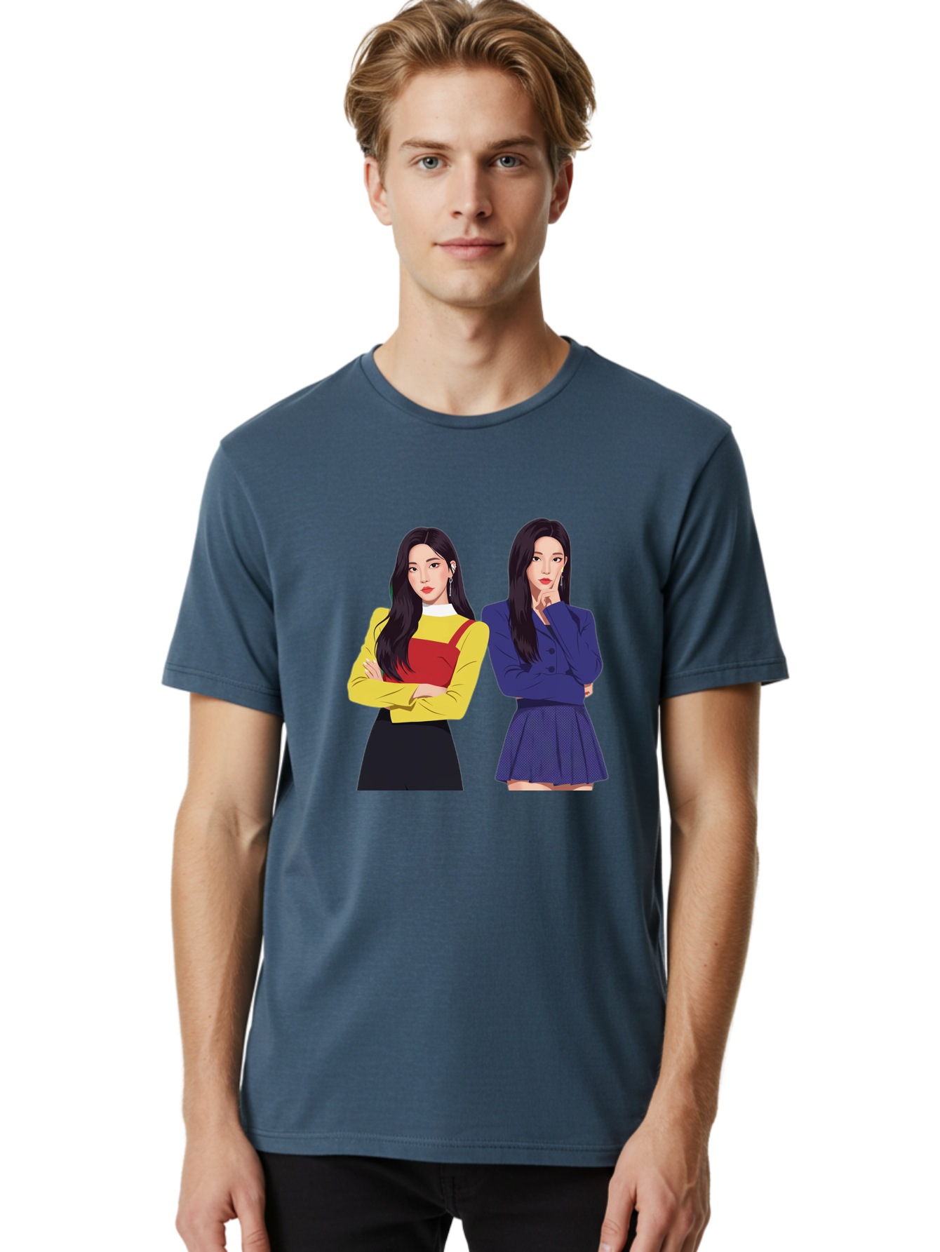 Two-Women Men'S Graphic Tee, 100% Cotton, Comfortable Casual Summer Wear, Machine Washable, Two Women Standing, Long Black Hair, Fashionable Clothing, Confident Poses, Contrasting Outfits, Yellow And Red, Blue Jacket, Pleated Skirt, Bac527
