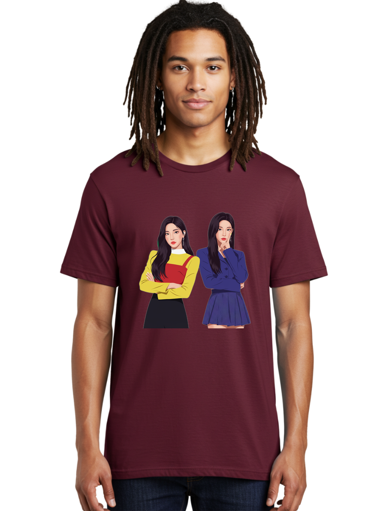 Two-Women Men'S Graphic Tee, 100% Cotton, Comfortable Casual Summer Wear, Machine Washable, Two Women Standing, Long Black Hair, Fashionable Clothing, Confident Poses, Contrasting Outfits, Yellow And Red, Blue Jacket, Pleated Skirt, Bac527