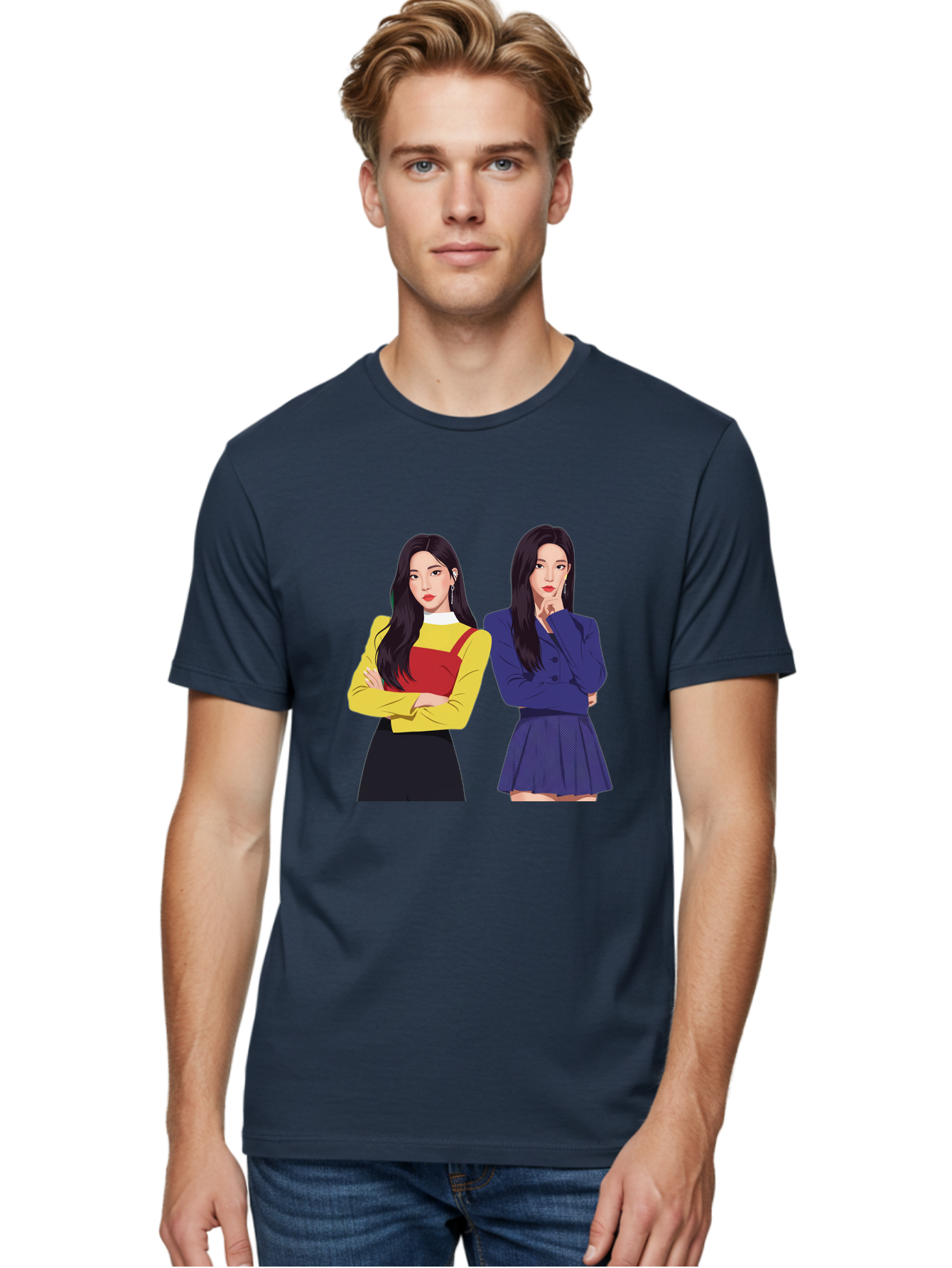 Two-Women Men'S Graphic Tee, 100% Cotton, Comfortable Casual Summer Wear, Machine Washable, Two Women Standing, Long Black Hair, Fashionable Clothing, Confident Poses, Contrasting Outfits, Yellow And Red, Blue Jacket, Pleated Skirt, Bac527
