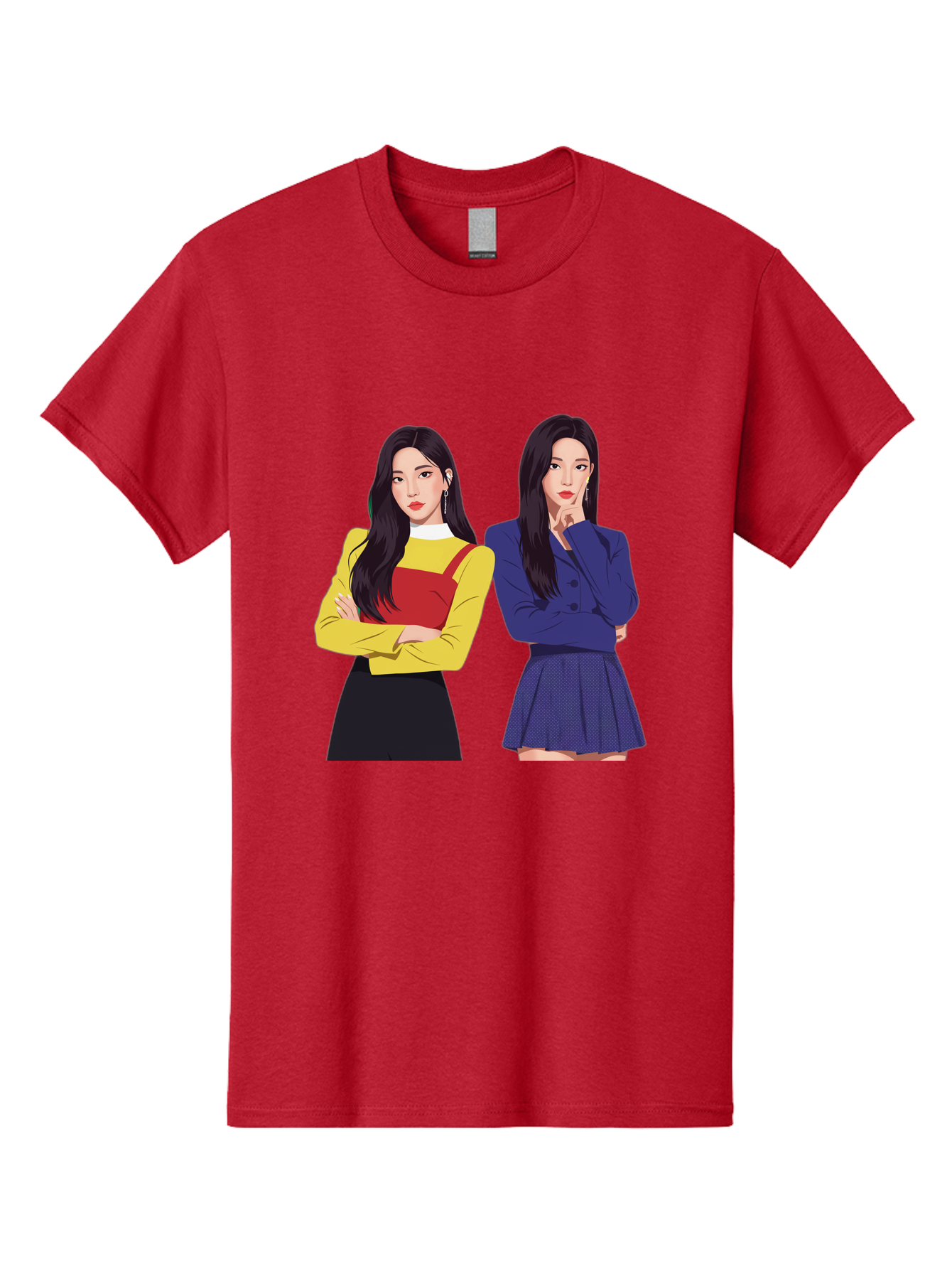 Two-Women Men'S Graphic Tee, 100% Cotton, Comfortable Casual Summer Wear, Machine Washable, Two Women Standing, Long Black Hair, Fashionable Clothing, Confident Poses, Contrasting Outfits, Yellow And Red, Blue Jacket, Pleated Skirt, Bac527