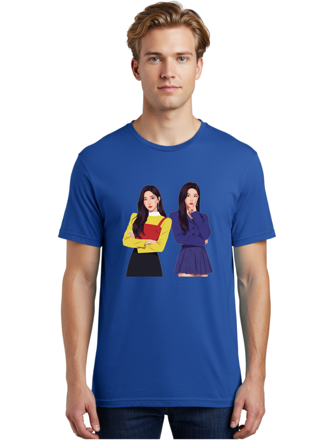 Two-Women Men'S Graphic Tee, 100% Cotton, Comfortable Casual Summer Wear, Machine Washable, Two Women Standing, Long Black Hair, Fashionable Clothing, Confident Poses, Contrasting Outfits, Yellow And Red, Blue Jacket, Pleated Skirt, Bac527