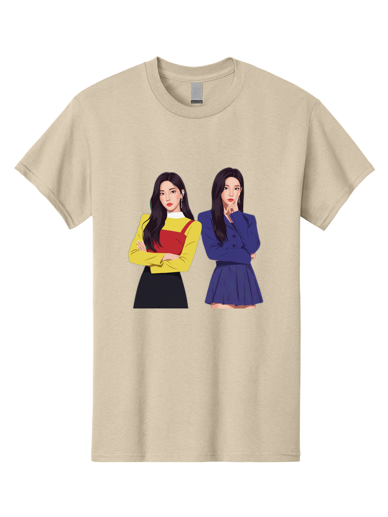 Two-Women Men'S Graphic Tee, 100% Cotton, Comfortable Casual Summer Wear, Machine Washable, Two Women Standing, Long Black Hair, Fashionable Clothing, Confident Poses, Contrasting Outfits, Yellow And Red, Blue Jacket, Pleated Skirt, Bac527