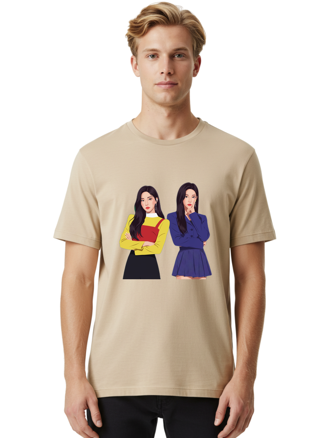 Two-Women Men'S Graphic Tee, 100% Cotton, Comfortable Casual Summer Wear, Machine Washable, Two Women Standing, Long Black Hair, Fashionable Clothing, Confident Poses, Contrasting Outfits, Yellow And Red, Blue Jacket, Pleated Skirt, Bac527
