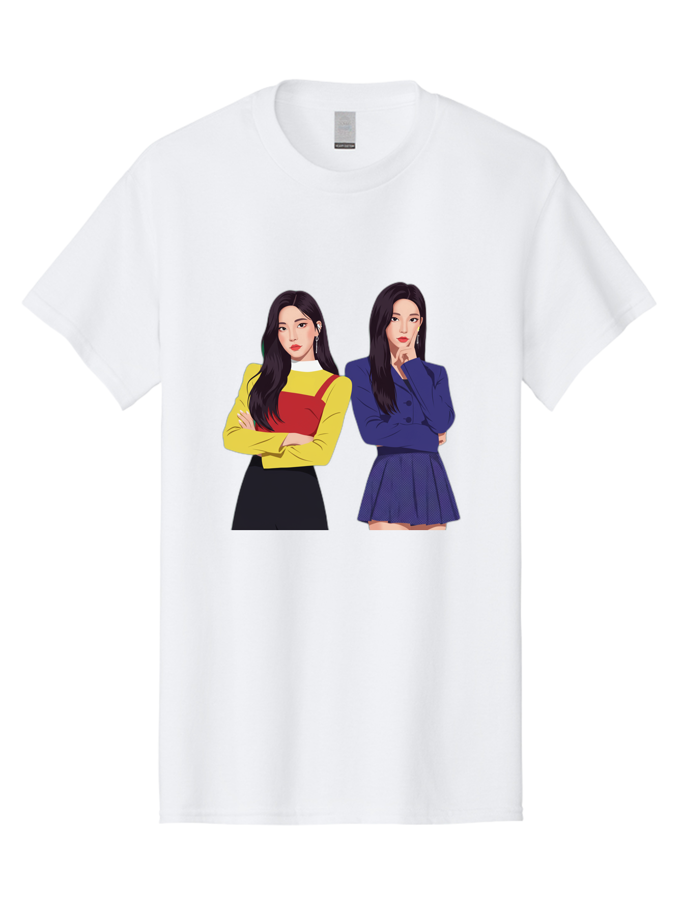 Two-Women Men'S Graphic Tee, 100% Cotton, Comfortable Casual Summer Wear, Machine Washable, Two Women Standing, Long Black Hair, Fashionable Clothing, Confident Poses, Contrasting Outfits, Yellow And Red, Blue Jacket, Pleated Skirt, Bac527