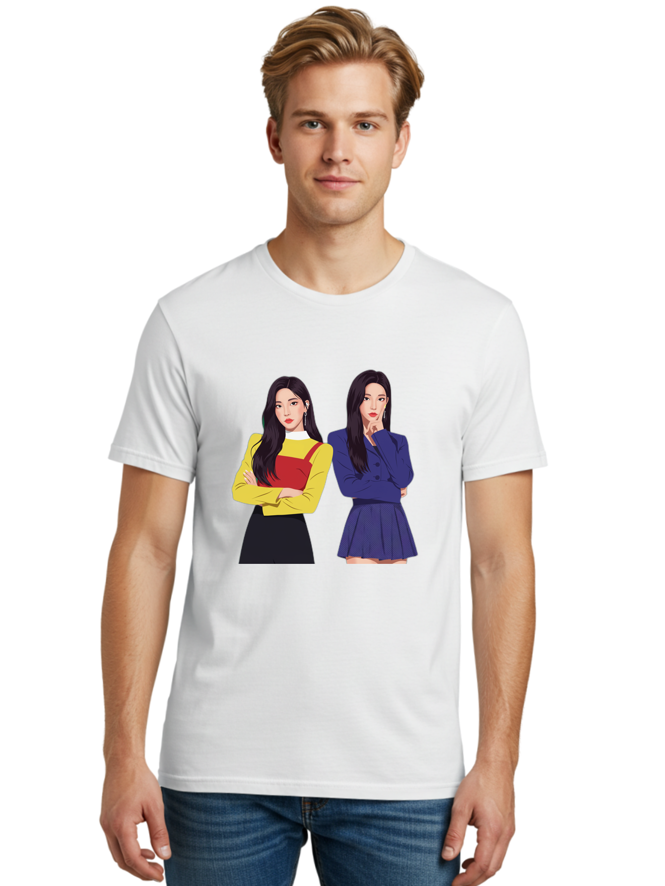 Two-Women Men'S Graphic Tee, 100% Cotton, Comfortable Casual Summer Wear, Machine Washable, Two Women Standing, Long Black Hair, Fashionable Clothing, Confident Poses, Contrasting Outfits, Yellow And Red, Blue Jacket, Pleated Skirt, Bac527