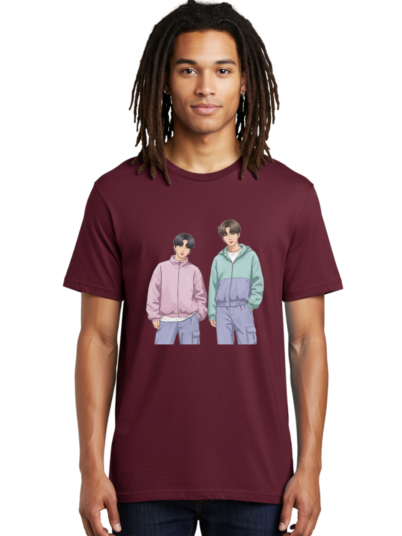 Two-Young-Men Men'S Graphic Tee, 100% Cotton, Comfortable Casual Summer Wear, Machine Washable, K-Pop Idols, Anime Style, Pastel Colors, Casual Wear, Streetwear Fashion, Purple Pants, Zip-Up Jackets, Modern Youth Culture Bac528
