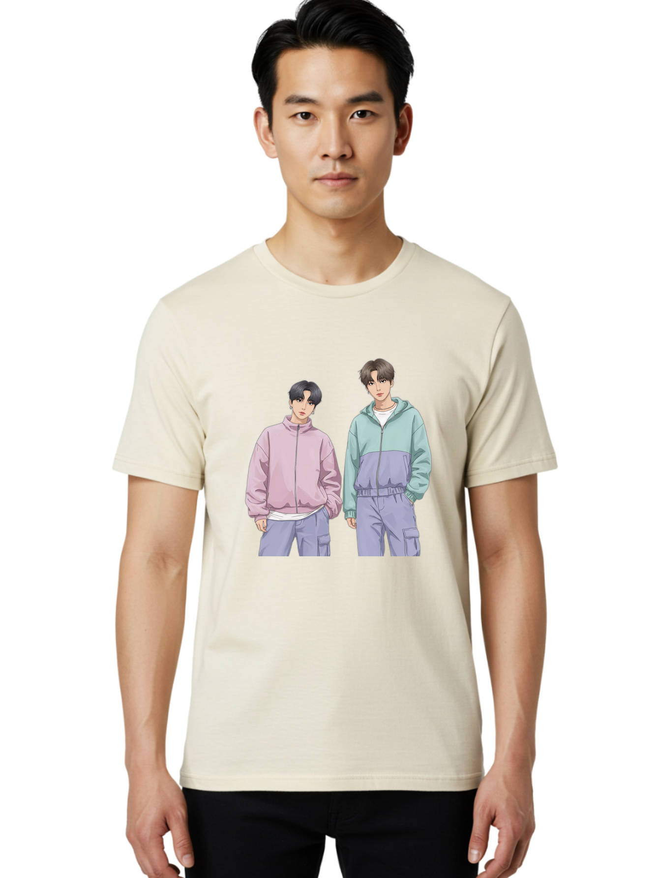 Two-Young-Men Men'S Graphic Tee, 100% Cotton, Comfortable Casual Summer Wear, Machine Washable, K-Pop Idols, Anime Style, Pastel Colors, Casual Wear, Streetwear Fashion, Purple Pants, Zip-Up Jackets, Modern Youth Culture Bac528