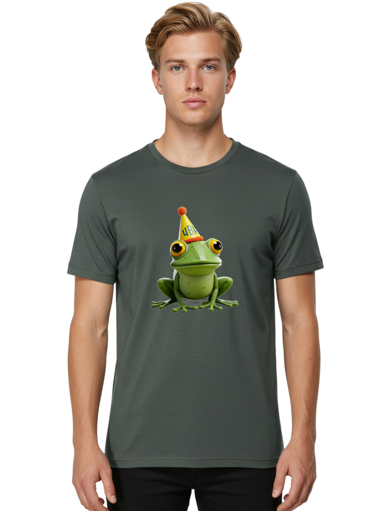 Ube-Frog Men'S Graphic Tee, 100% Cotton, Comfortable Casual Summer Wear, Machine Washable, Cartoon Frog, Party Hat, Funny Animal, Quirky Character, Amusement, Comical Illustration, Festive Vibe, Humor, Meme Inspiration, Entertaining Graphic Bac530