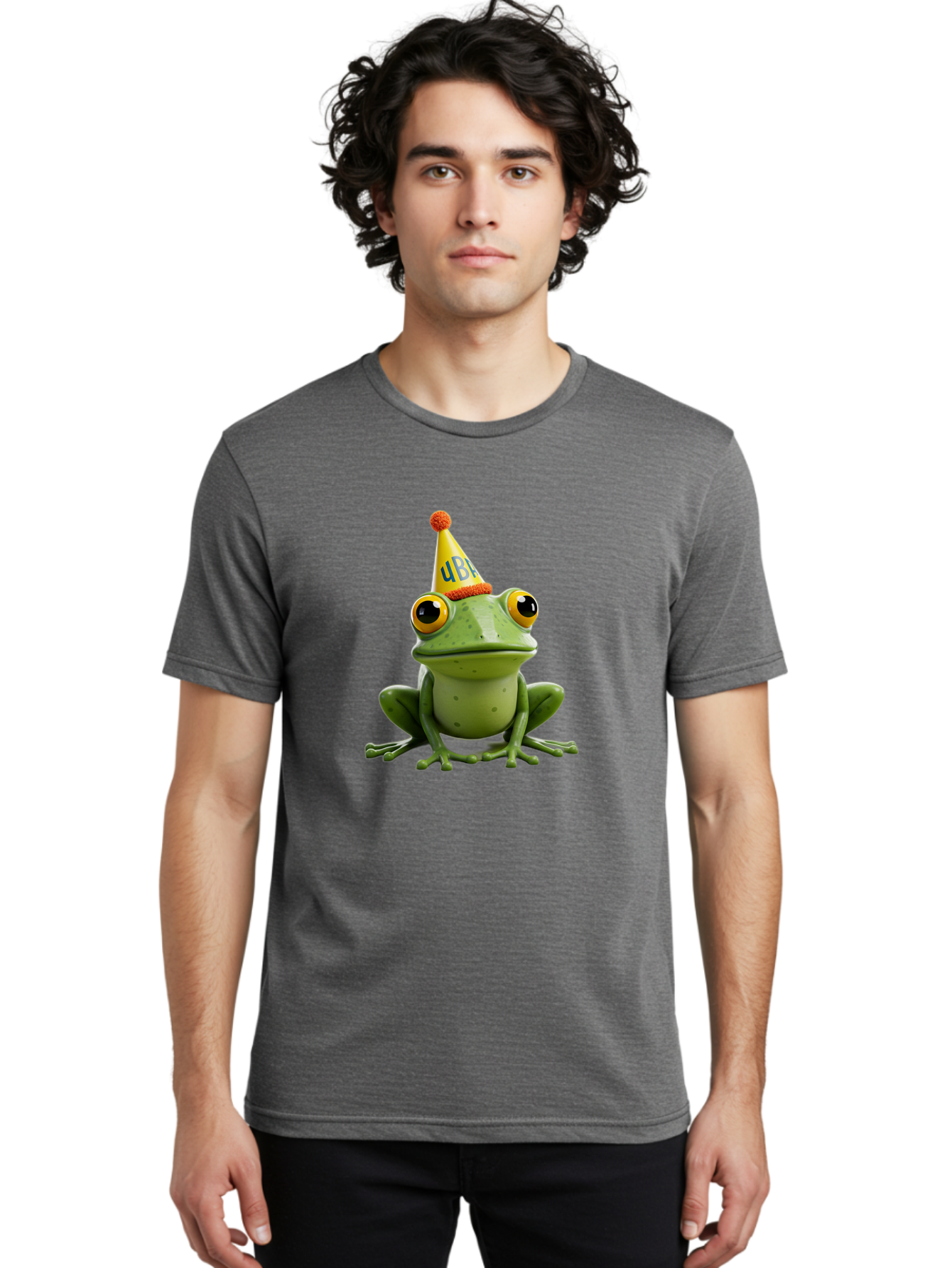 Ube-Frog Men'S Graphic Tee, 100% Cotton, Comfortable Casual Summer Wear, Machine Washable, Cartoon Frog, Party Hat, Funny Animal, Quirky Character, Amusement, Comical Illustration, Festive Vibe, Humor, Meme Inspiration, Entertaining Graphic Bac530