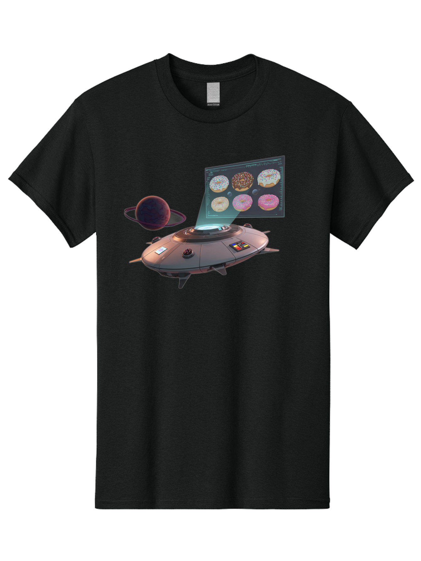 Ufo-Donuts Men'S Graphic Tee, 100% Cotton, Comfortable Casual Summer Wear, Machine Washable, Ufo Spaceship, Donut Menu, Assorted Donuts, Digital Display, Planet, Rings, Futuristic, Outer Space, Sci-Fi, Donuts With Sprinkles, Chocolate Frosting Bac532