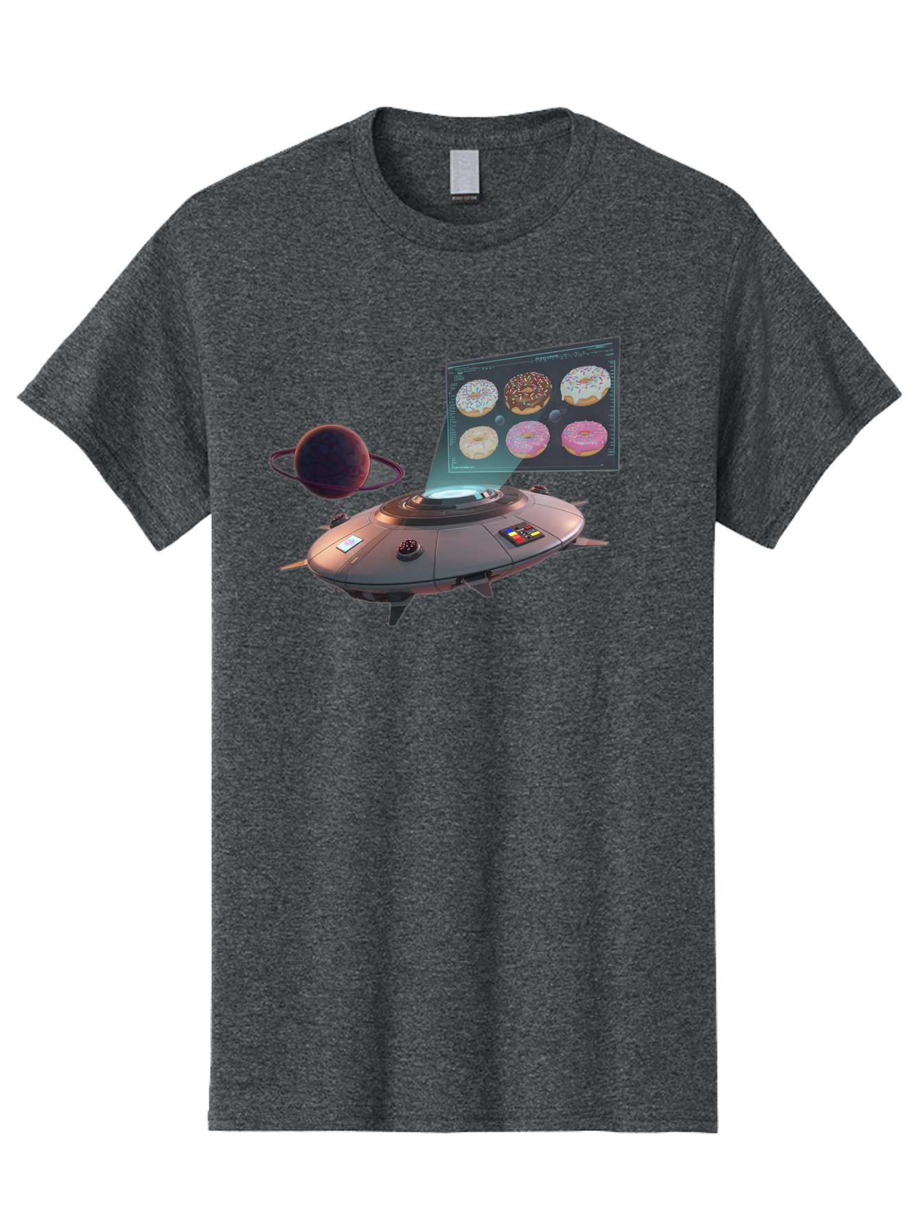 Ufo-Donuts Men'S Graphic Tee, 100% Cotton, Comfortable Casual Summer Wear, Machine Washable, Ufo Spaceship, Donut Menu, Assorted Donuts, Digital Display, Planet, Rings, Futuristic, Outer Space, Sci-Fi, Donuts With Sprinkles, Chocolate Frosting Bac532