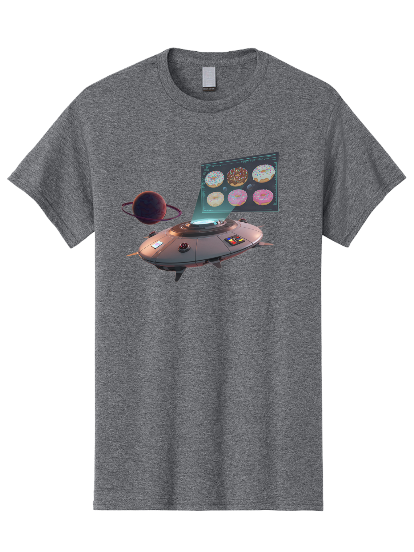 Ufo-Donuts Men'S Graphic Tee, 100% Cotton, Comfortable Casual Summer Wear, Machine Washable, Ufo Spaceship, Donut Menu, Assorted Donuts, Digital Display, Planet, Rings, Futuristic, Outer Space, Sci-Fi, Donuts With Sprinkles, Chocolate Frosting Bac532