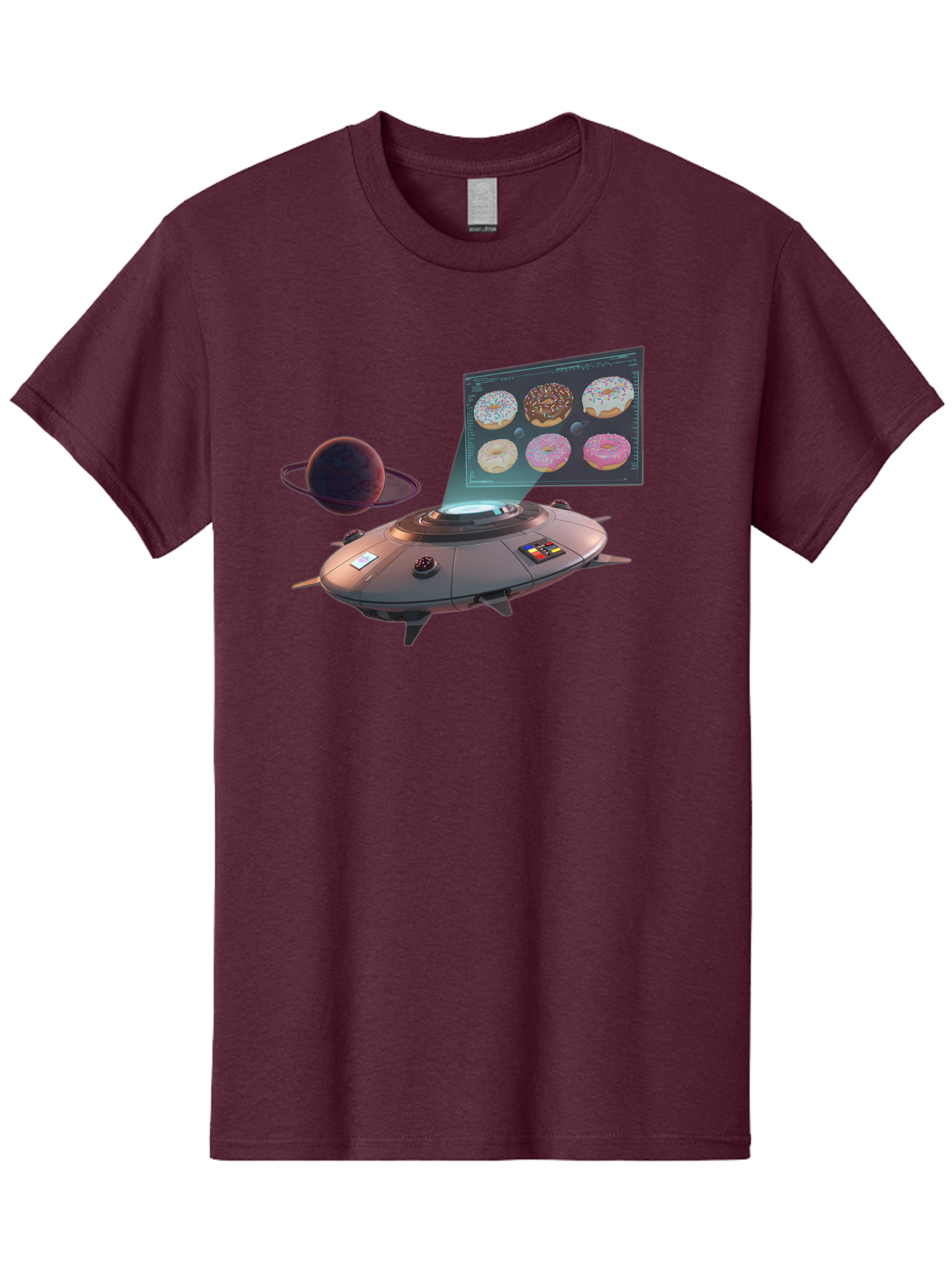 Ufo-Donuts Men'S Graphic Tee, 100% Cotton, Comfortable Casual Summer Wear, Machine Washable, Ufo Spaceship, Donut Menu, Assorted Donuts, Digital Display, Planet, Rings, Futuristic, Outer Space, Sci-Fi, Donuts With Sprinkles, Chocolate Frosting Bac532