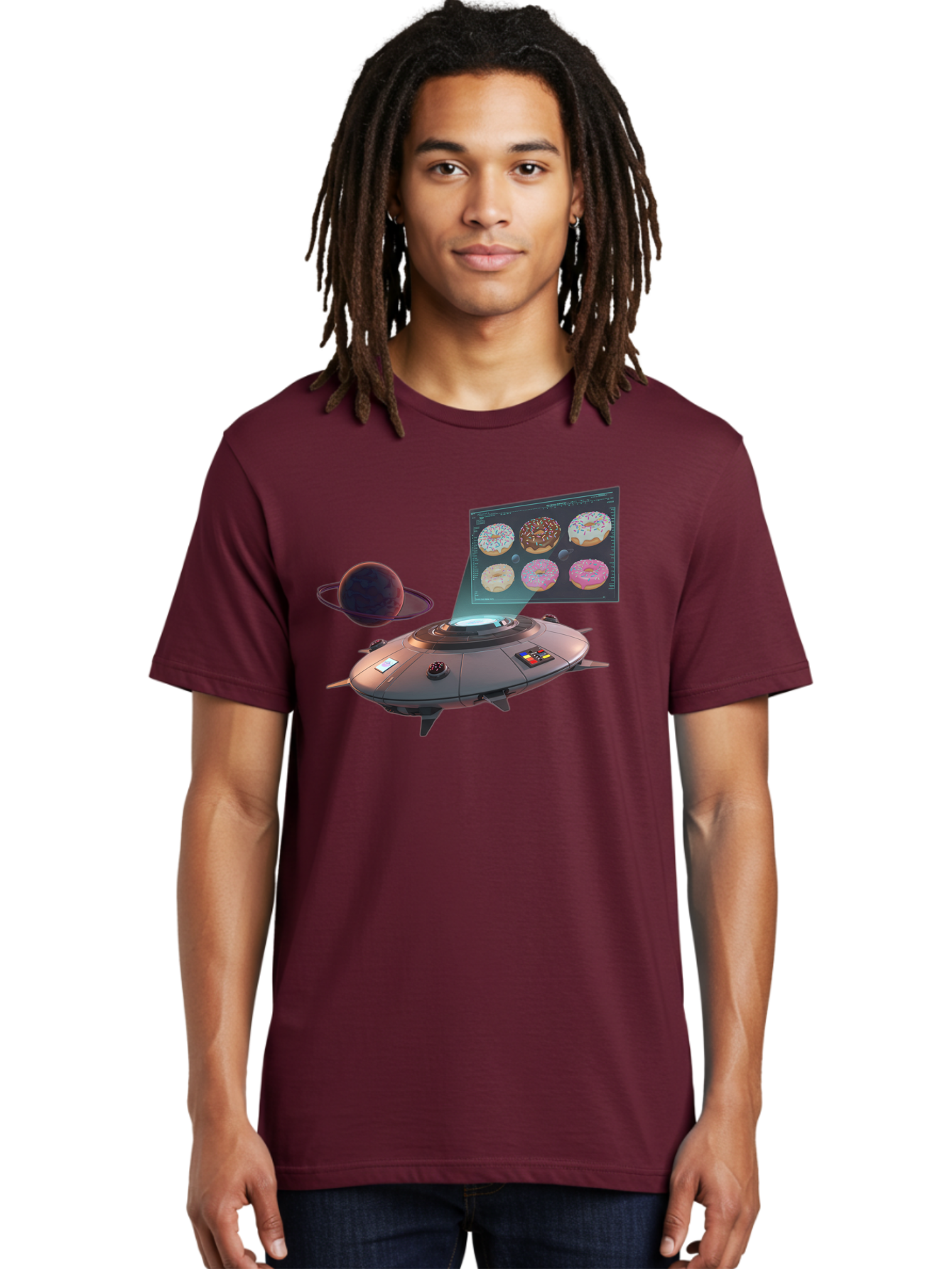 Ufo-Donuts Men'S Graphic Tee, 100% Cotton, Comfortable Casual Summer Wear, Machine Washable, Ufo Spaceship, Donut Menu, Assorted Donuts, Digital Display, Planet, Rings, Futuristic, Outer Space, Sci-Fi, Donuts With Sprinkles, Chocolate Frosting Bac532