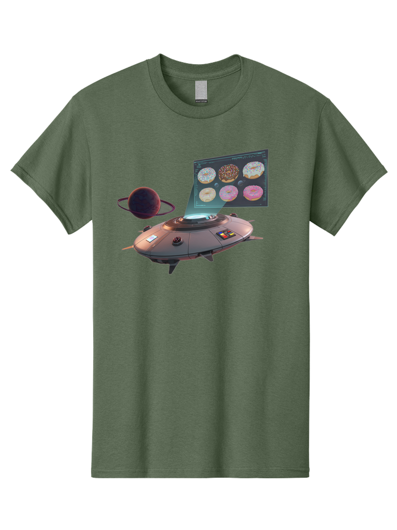 Ufo-Donuts Men'S Graphic Tee, 100% Cotton, Comfortable Casual Summer Wear, Machine Washable, Ufo Spaceship, Donut Menu, Assorted Donuts, Digital Display, Planet, Rings, Futuristic, Outer Space, Sci-Fi, Donuts With Sprinkles, Chocolate Frosting Bac532