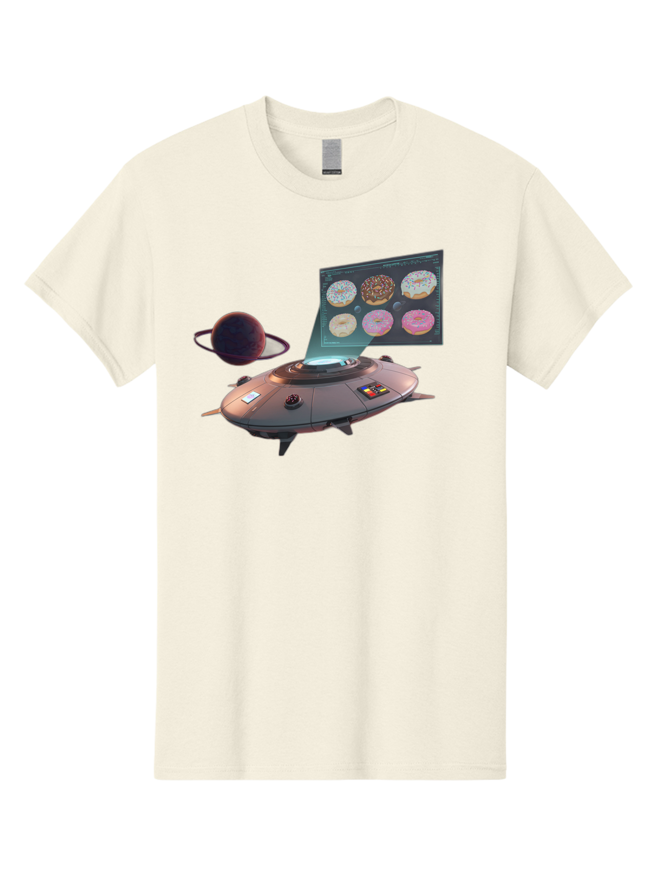 Ufo-Donuts Men'S Graphic Tee, 100% Cotton, Comfortable Casual Summer Wear, Machine Washable, Ufo Spaceship, Donut Menu, Assorted Donuts, Digital Display, Planet, Rings, Futuristic, Outer Space, Sci-Fi, Donuts With Sprinkles, Chocolate Frosting Bac532