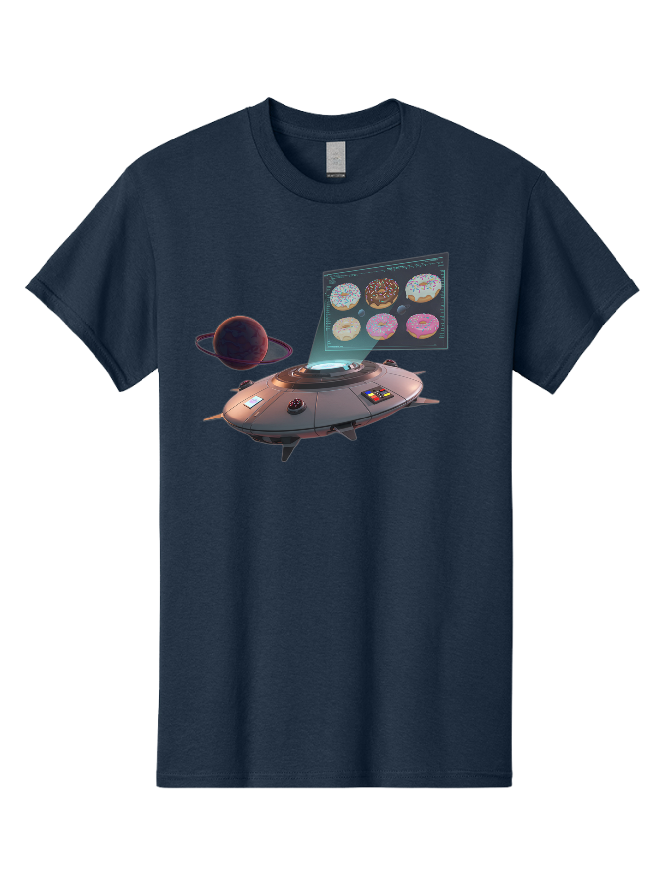 Ufo-Donuts Men'S Graphic Tee, 100% Cotton, Comfortable Casual Summer Wear, Machine Washable, Ufo Spaceship, Donut Menu, Assorted Donuts, Digital Display, Planet, Rings, Futuristic, Outer Space, Sci-Fi, Donuts With Sprinkles, Chocolate Frosting Bac532
