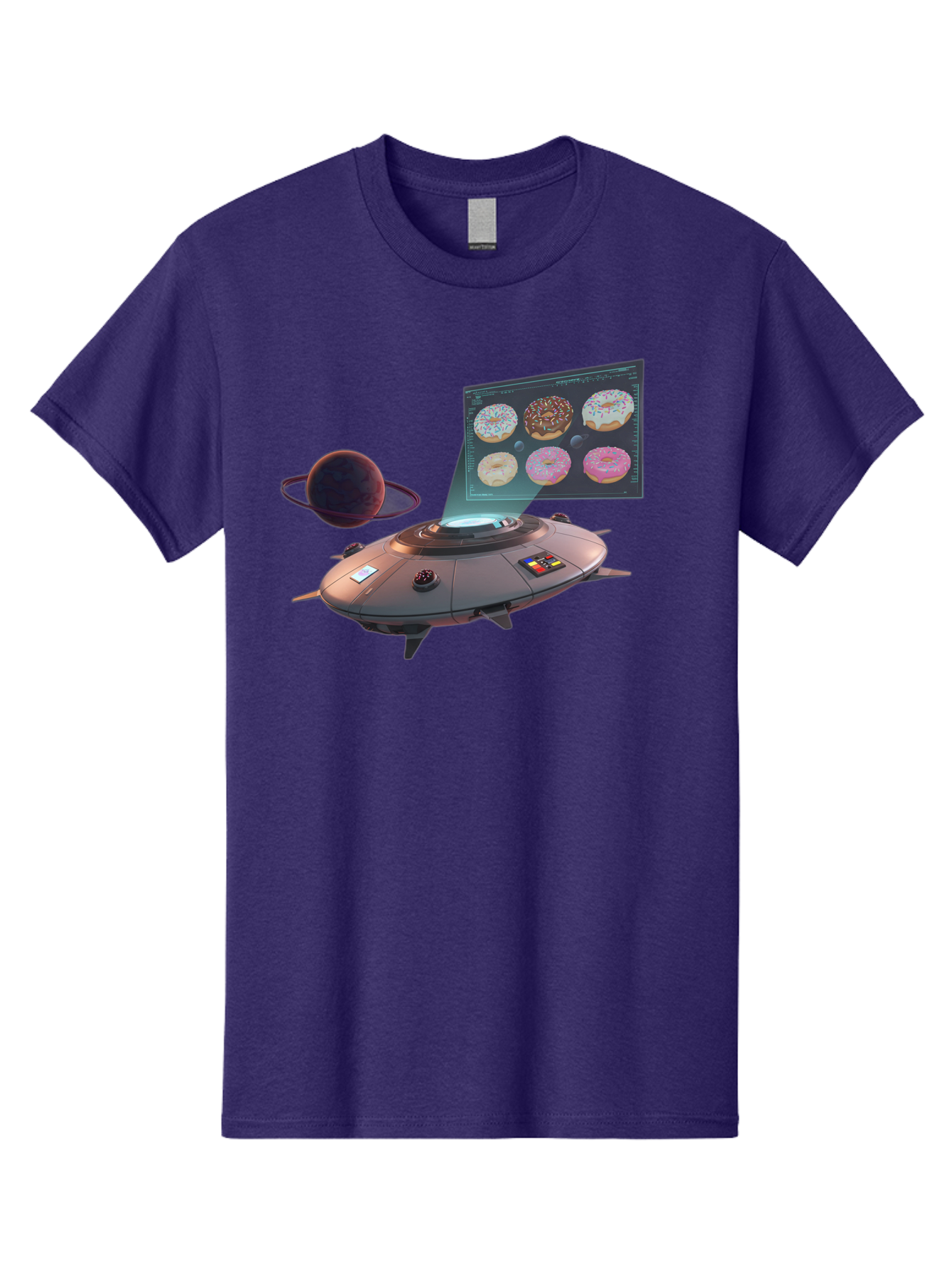 Ufo-Donuts Men'S Graphic Tee, 100% Cotton, Comfortable Casual Summer Wear, Machine Washable, Ufo Spaceship, Donut Menu, Assorted Donuts, Digital Display, Planet, Rings, Futuristic, Outer Space, Sci-Fi, Donuts With Sprinkles, Chocolate Frosting Bac532