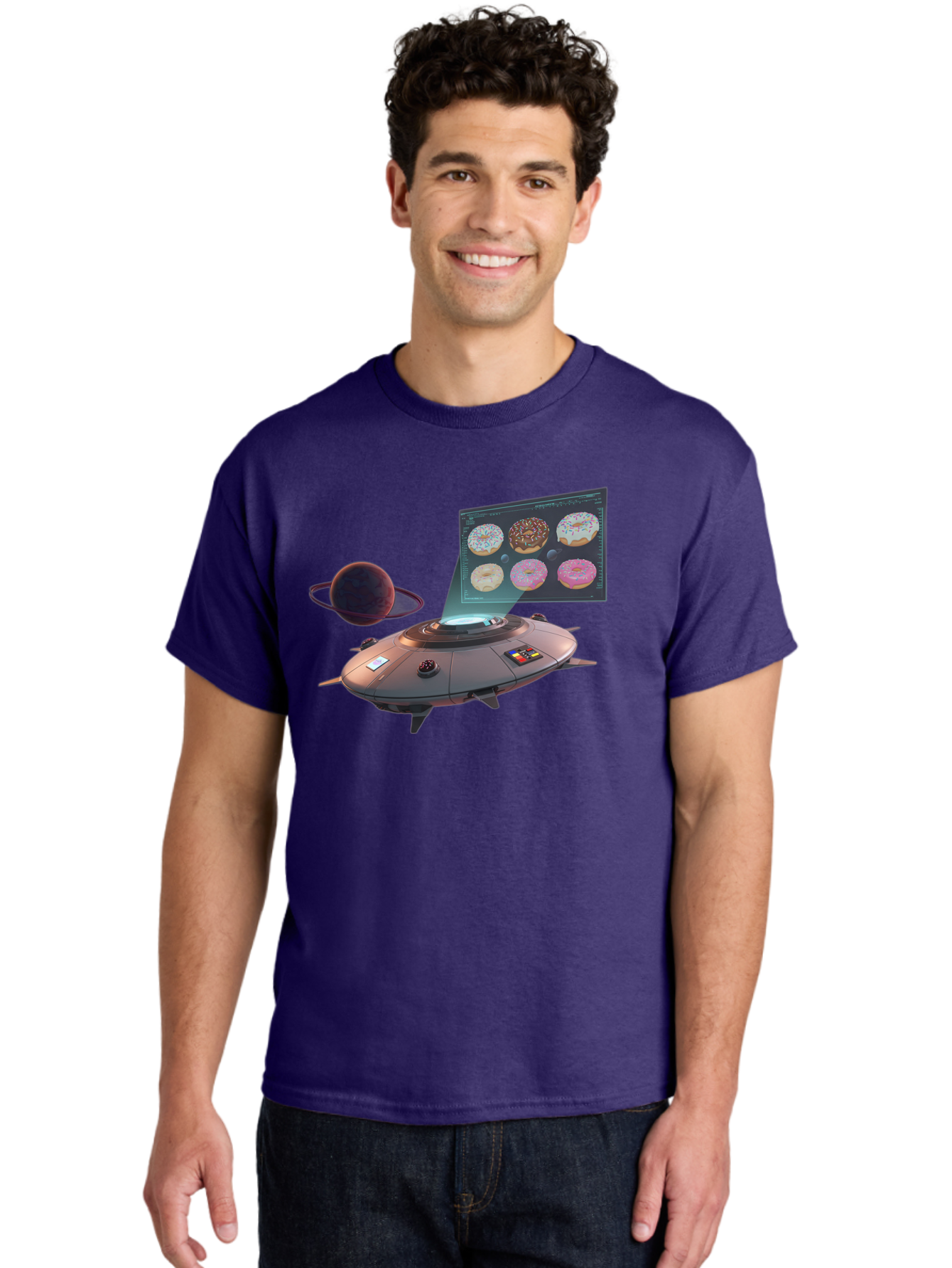 Ufo-Donuts Men'S Graphic Tee, 100% Cotton, Comfortable Casual Summer Wear, Machine Washable, Ufo Spaceship, Donut Menu, Assorted Donuts, Digital Display, Planet, Rings, Futuristic, Outer Space, Sci-Fi, Donuts With Sprinkles, Chocolate Frosting Bac532