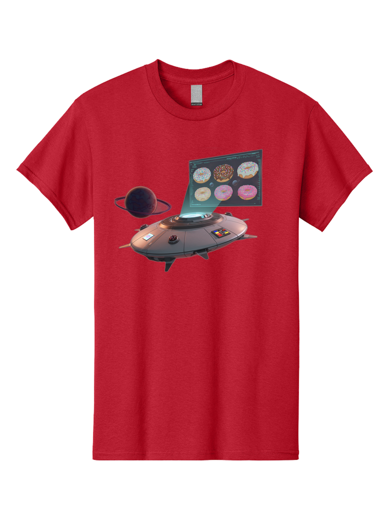 Ufo-Donuts Men'S Graphic Tee, 100% Cotton, Comfortable Casual Summer Wear, Machine Washable, Ufo Spaceship, Donut Menu, Assorted Donuts, Digital Display, Planet, Rings, Futuristic, Outer Space, Sci-Fi, Donuts With Sprinkles, Chocolate Frosting Bac532