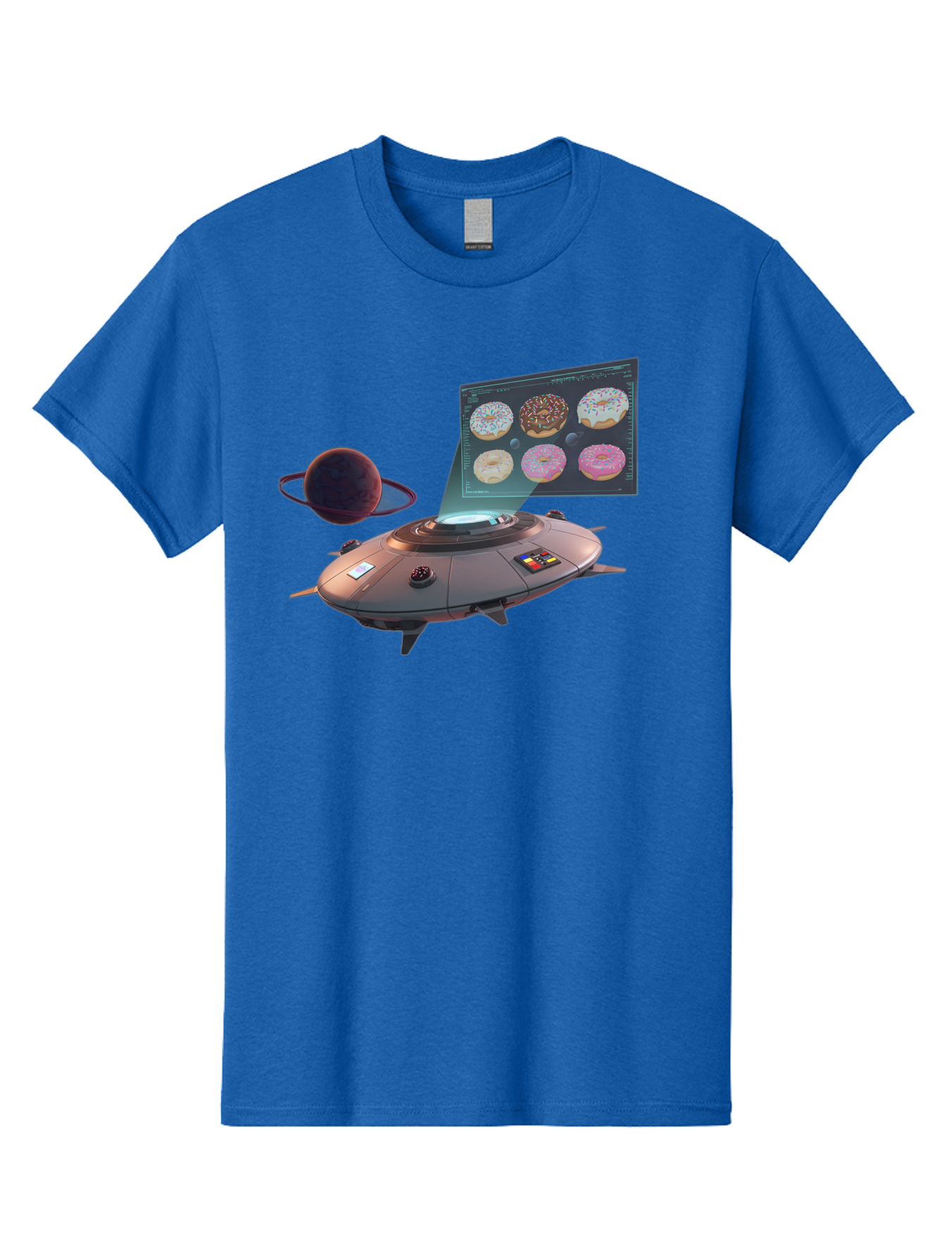 Ufo-Donuts Men'S Graphic Tee, 100% Cotton, Comfortable Casual Summer Wear, Machine Washable, Ufo Spaceship, Donut Menu, Assorted Donuts, Digital Display, Planet, Rings, Futuristic, Outer Space, Sci-Fi, Donuts With Sprinkles, Chocolate Frosting Bac532
