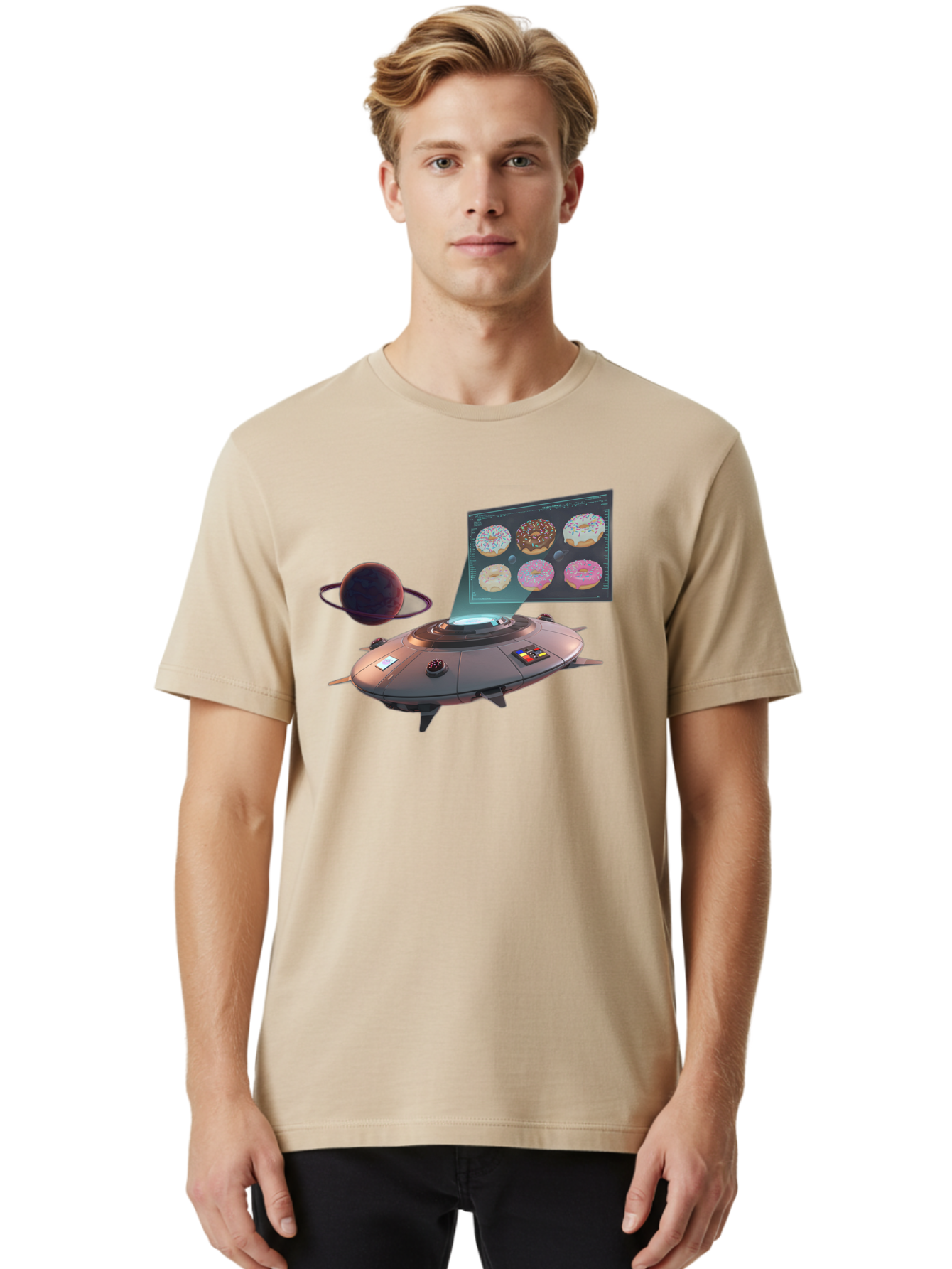 Ufo-Donuts Men'S Graphic Tee, 100% Cotton, Comfortable Casual Summer Wear, Machine Washable, Ufo Spaceship, Donut Menu, Assorted Donuts, Digital Display, Planet, Rings, Futuristic, Outer Space, Sci-Fi, Donuts With Sprinkles, Chocolate Frosting Bac532