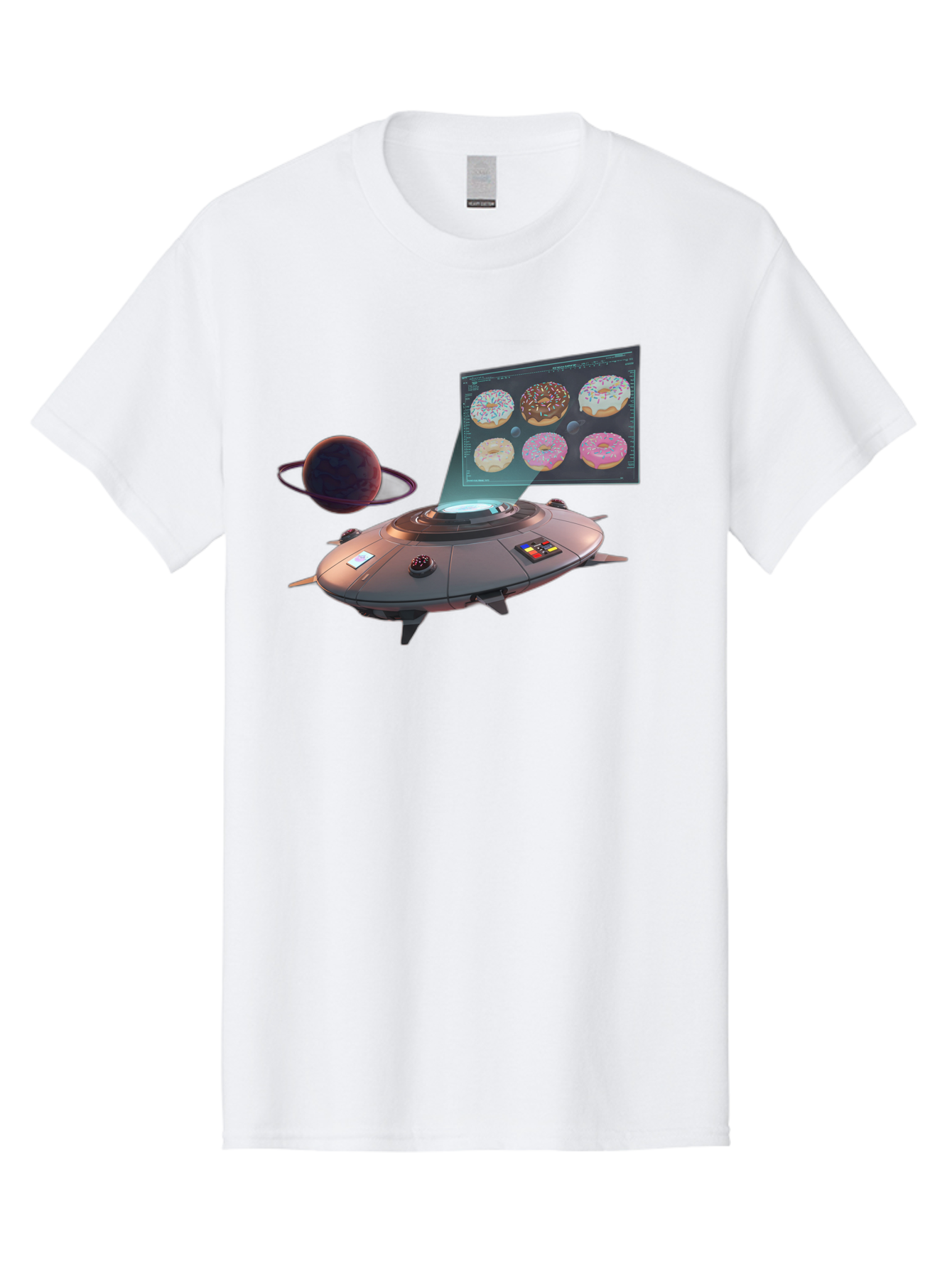 Ufo-Donuts Men'S Graphic Tee, 100% Cotton, Comfortable Casual Summer Wear, Machine Washable, Ufo Spaceship, Donut Menu, Assorted Donuts, Digital Display, Planet, Rings, Futuristic, Outer Space, Sci-Fi, Donuts With Sprinkles, Chocolate Frosting Bac532