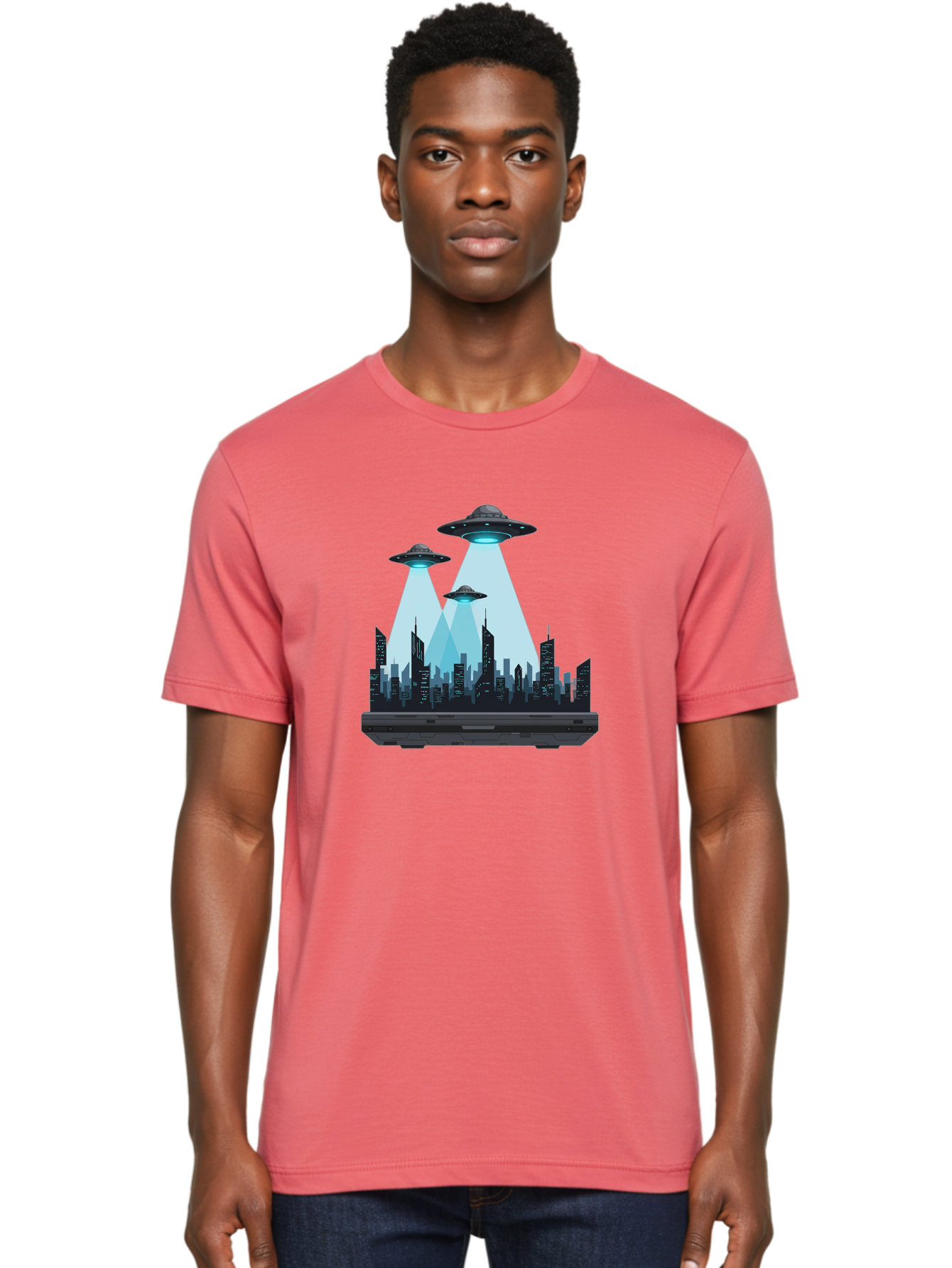 Ufo-Invasion-1 Men'S Graphic Tee, 100% Cotton, Comfortable Casual Summer Wear, Machine Washable, Ufos Over City, Alien Invasion, Science Fiction, Futuristic Cityscape, Extraterrestrial Visitation, Urban Landscape, Mysterious Lights, Bac533