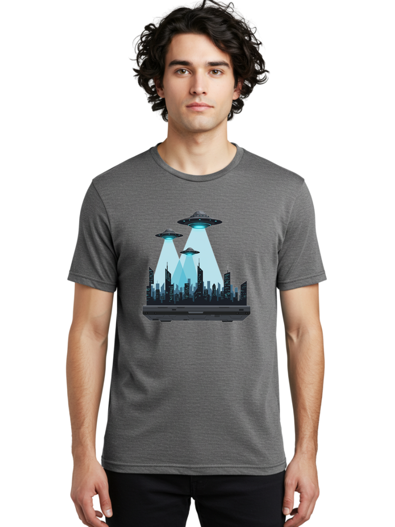 Ufo-Invasion-1 Men'S Graphic Tee, 100% Cotton, Comfortable Casual Summer Wear, Machine Washable, Ufos Over City, Alien Invasion, Science Fiction, Futuristic Cityscape, Extraterrestrial Visitation, Urban Landscape, Mysterious Lights, Bac533