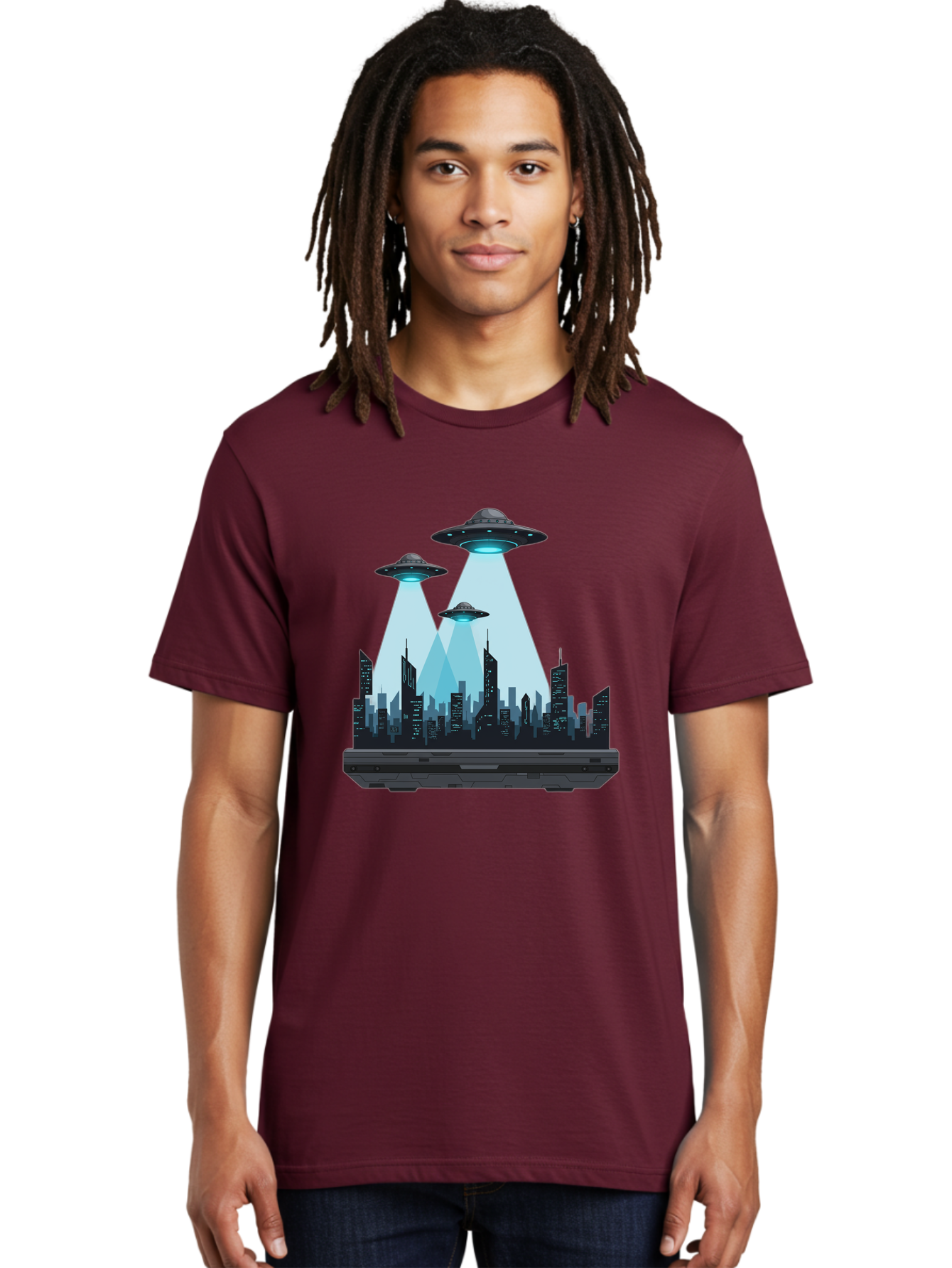 Ufo-Invasion-1 Men'S Graphic Tee, 100% Cotton, Comfortable Casual Summer Wear, Machine Washable, Ufos Over City, Alien Invasion, Science Fiction, Futuristic Cityscape, Extraterrestrial Visitation, Urban Landscape, Mysterious Lights, Bac533