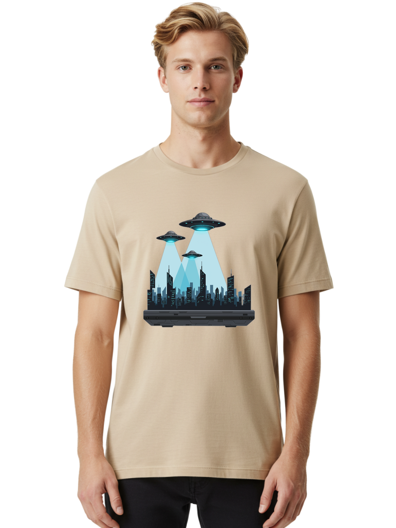 Ufo-Invasion-1 Men'S Graphic Tee, 100% Cotton, Comfortable Casual Summer Wear, Machine Washable, Ufos Over City, Alien Invasion, Science Fiction, Futuristic Cityscape, Extraterrestrial Visitation, Urban Landscape, Mysterious Lights, Bac533