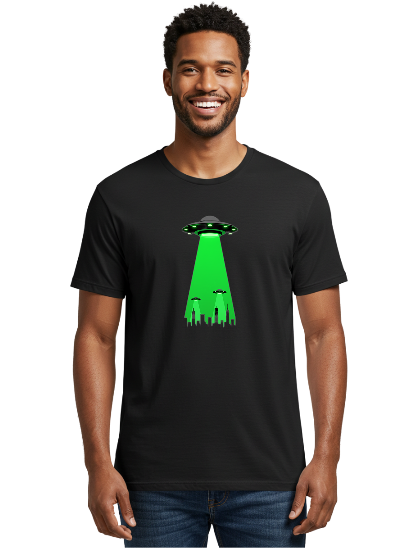 Ufo-Invasion Men'S Graphic Tee, 100% Cotton, Comfortable Casual Summer Wear, Machine Washable, Ufo, Unidentified Flying Object, Alien Spacecraft, Cityscape, Skyscrapers, Mysterious Lights, Extraterrestrial Life, Science Fiction, Bac534