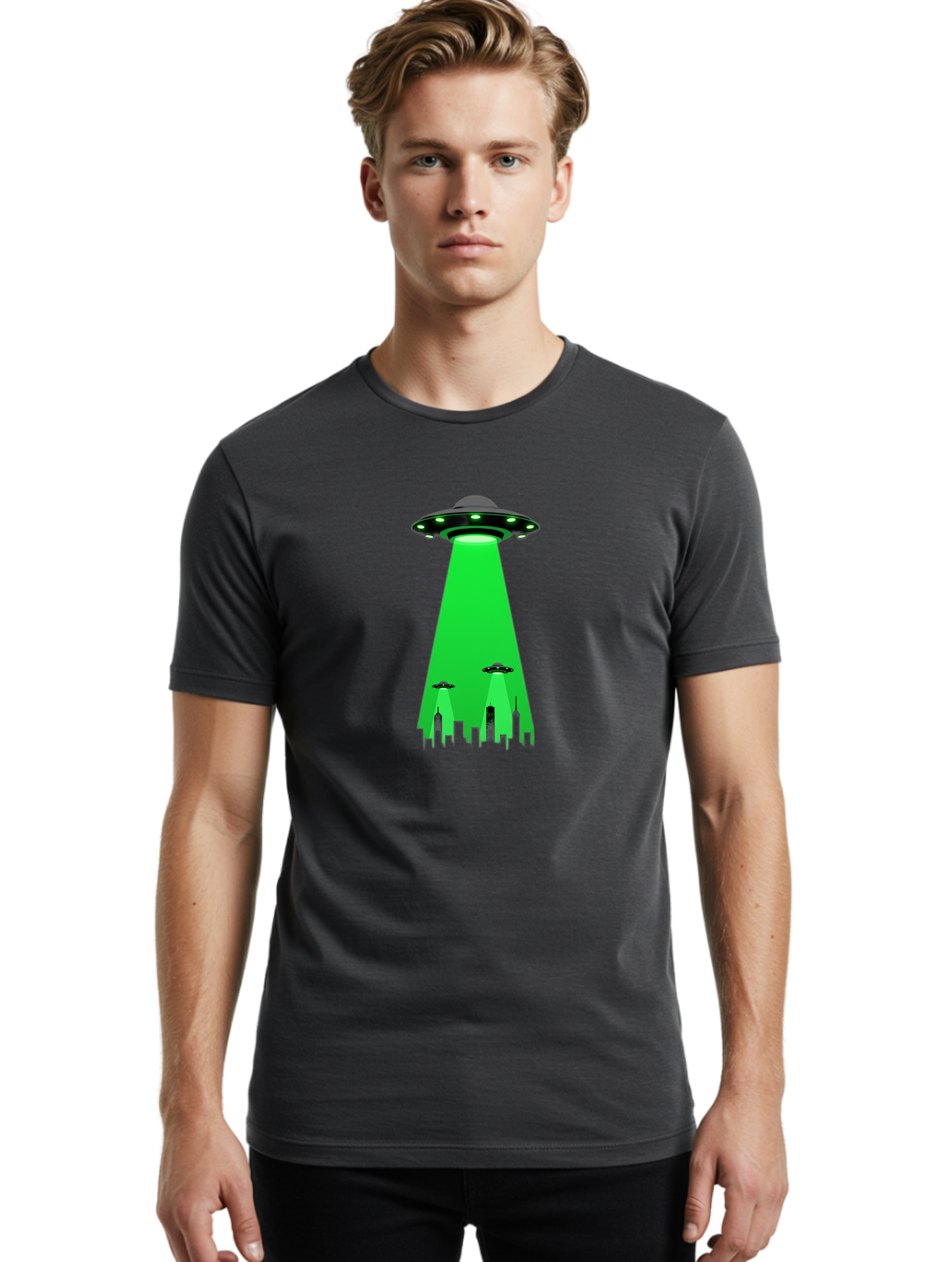Ufo-Invasion Men'S Graphic Tee, 100% Cotton, Comfortable Casual Summer Wear, Machine Washable, Ufo, Unidentified Flying Object, Alien Spacecraft, Cityscape, Skyscrapers, Mysterious Lights, Extraterrestrial Life, Science Fiction, Bac534