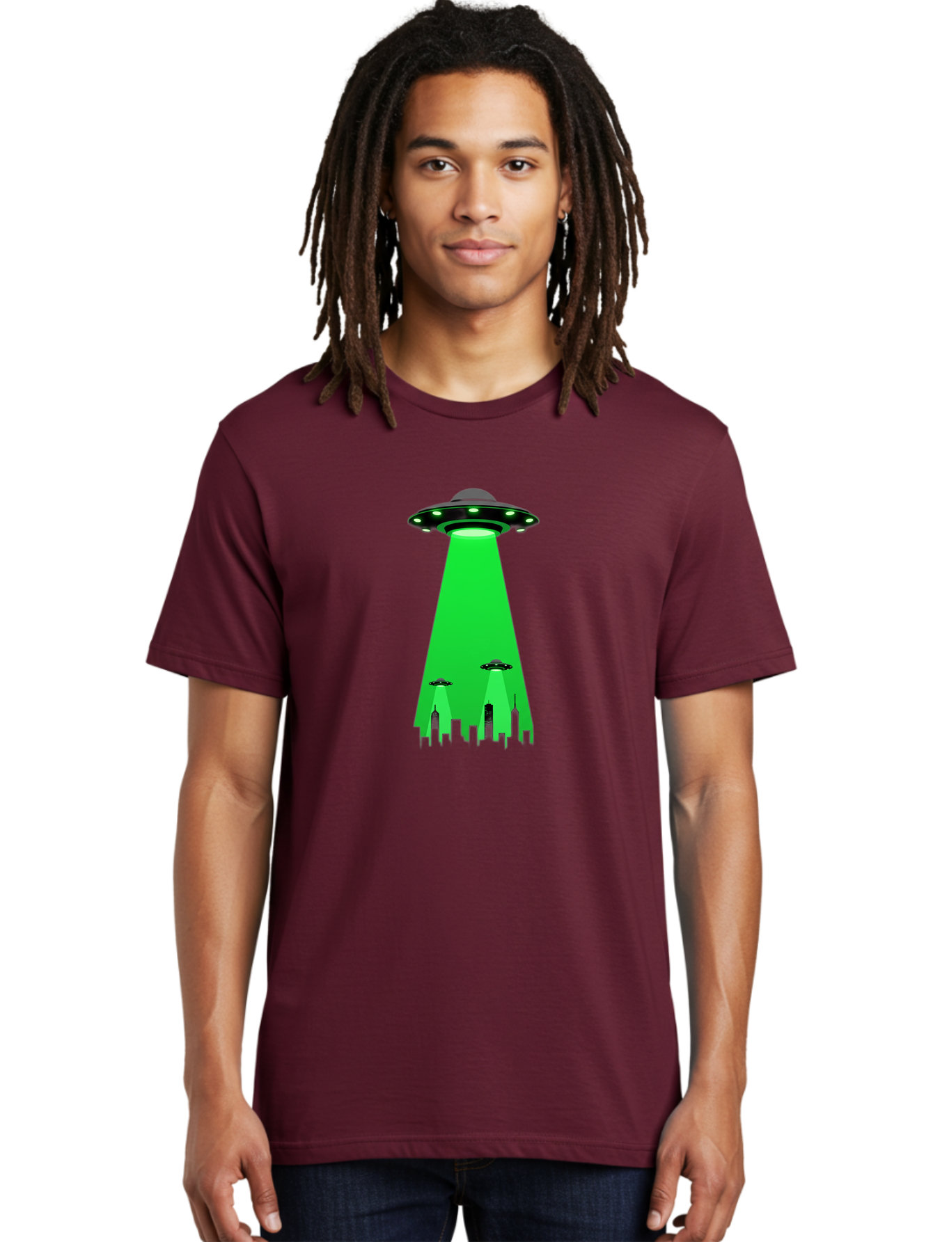 Ufo-Invasion Men'S Graphic Tee, 100% Cotton, Comfortable Casual Summer Wear, Machine Washable, Ufo, Unidentified Flying Object, Alien Spacecraft, Cityscape, Skyscrapers, Mysterious Lights, Extraterrestrial Life, Science Fiction, Bac534