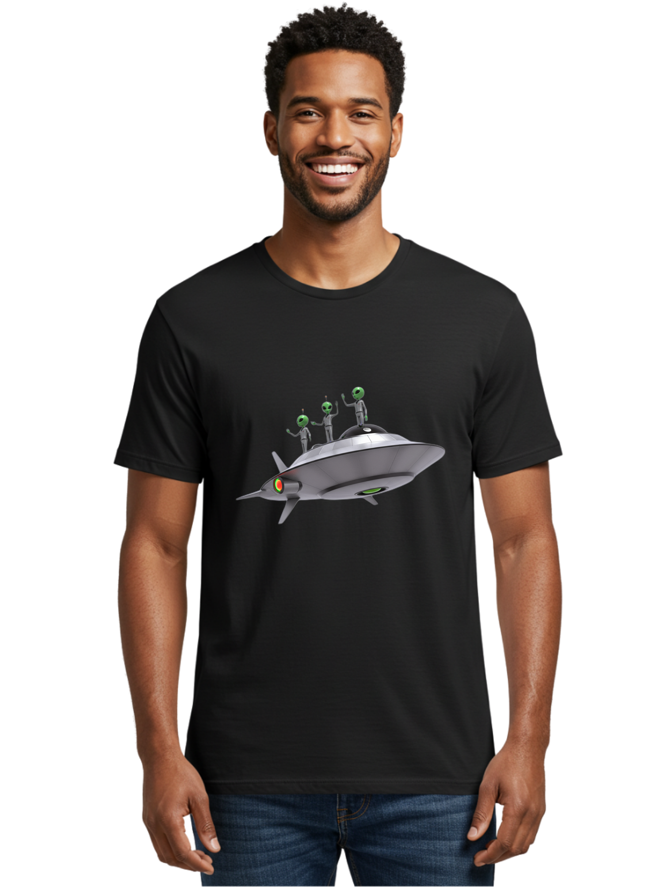 Ufo-With-Aliens Men'S Graphic Tee, 100% Cotton, Comfortable Casual Summer Wear, Machine Washable, Silver Ufo, Gray Aliens, Extraterrestrial Life, Science Fiction, Space Travel, Futuristic Design, Otherworldly Scene, Alien Technology, Bac536