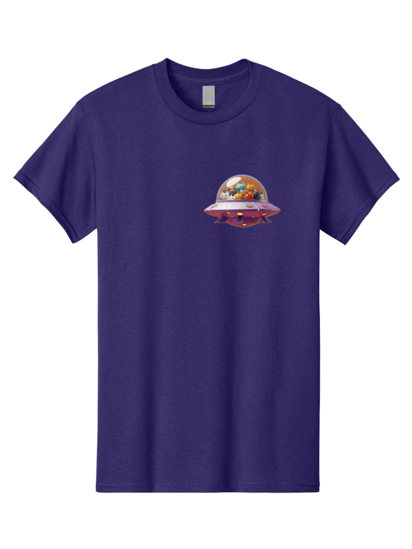Ufo-With-Cats Men'S Graphic Tee, 100% Cotton, Comfortable Casual Summer Wear, Machine Washable, Ufo, Flying Saucer, Cartoon Style, Teddy Bears, Soft Toys, Purple Spaceship, Colorful, Adorable, Whimsical, Playful, Digital Art, Illustration, Bac537