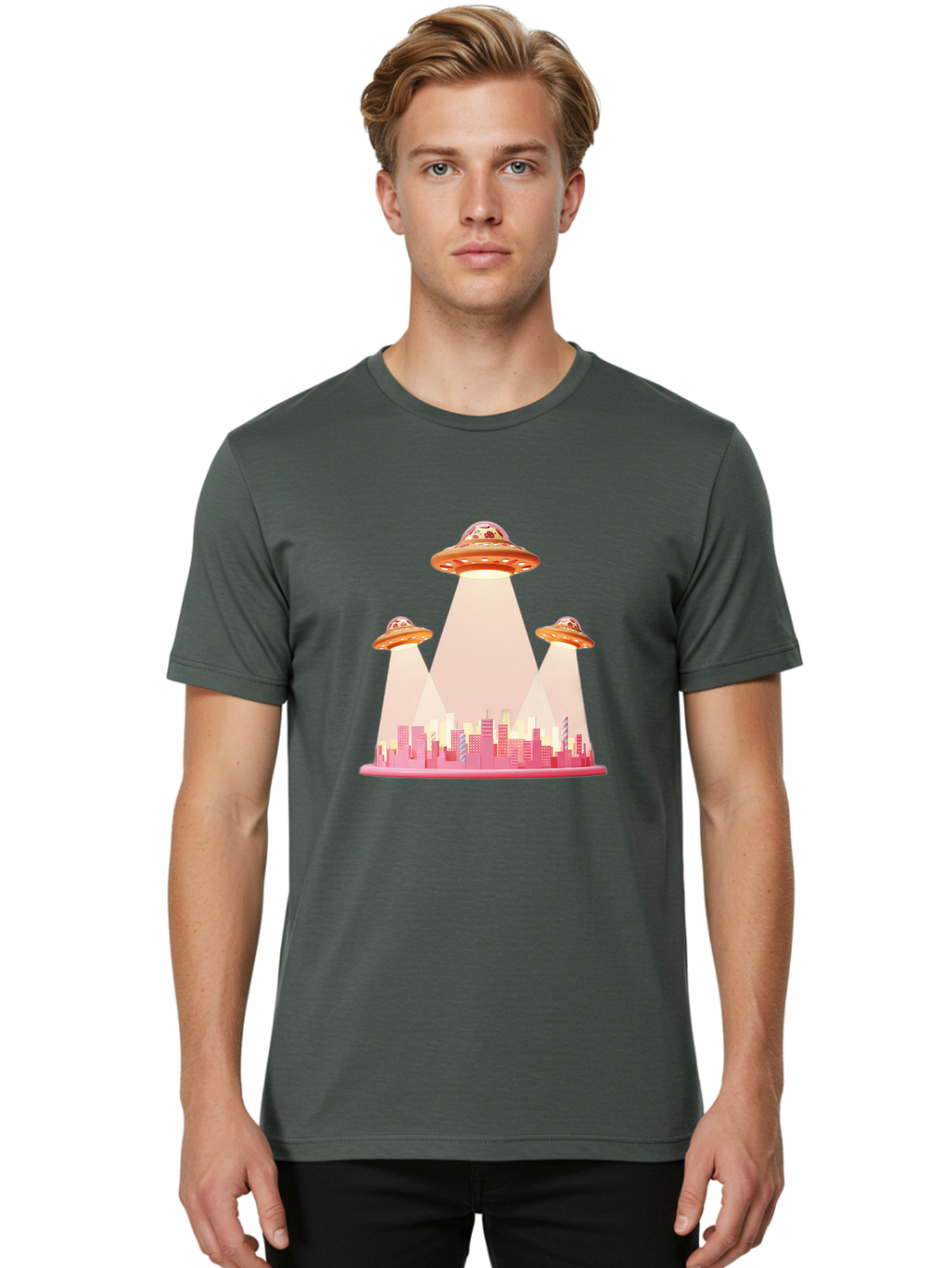 Ufos-1 Men'S Graphic Tee, 100% Cotton, Comfortable Casual Summer Wear, Machine Washable, Ufos Hovering Over City, Alien Invasion, Science Fiction, Futuristic Landscape, Urban Scenery, Extraterrestrial Life, Flying Saucers, Cityscape, Bac538