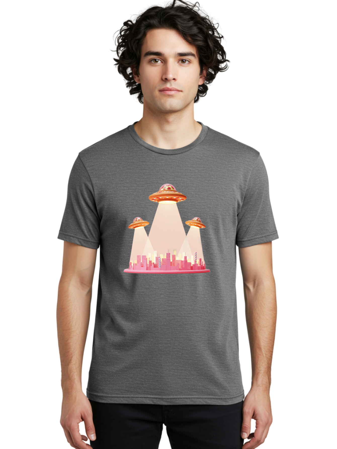 Ufos-1 Men'S Graphic Tee, 100% Cotton, Comfortable Casual Summer Wear, Machine Washable, Ufos Hovering Over City, Alien Invasion, Science Fiction, Futuristic Landscape, Urban Scenery, Extraterrestrial Life, Flying Saucers, Cityscape, Bac538