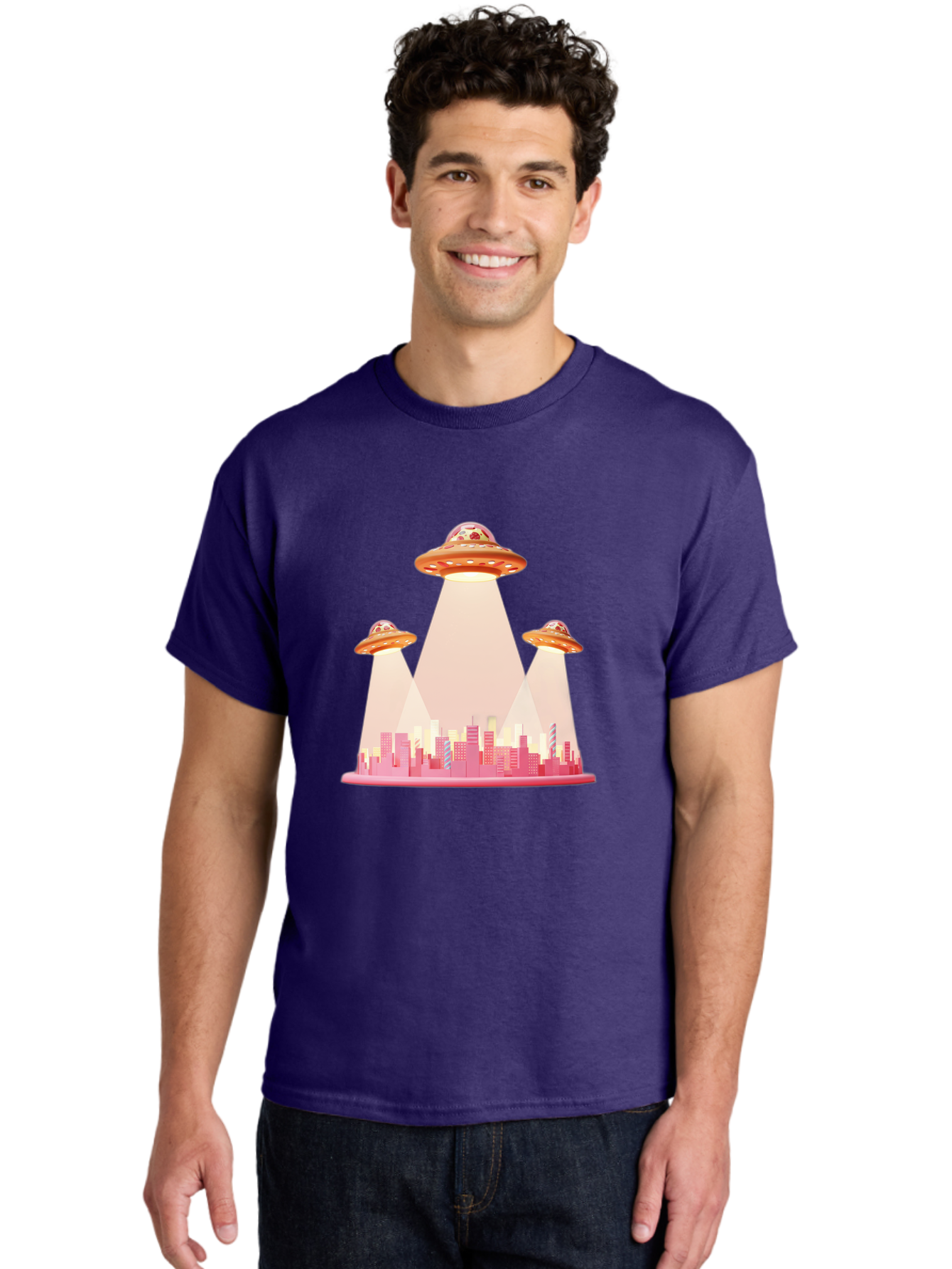 Ufos-1 Men'S Graphic Tee, 100% Cotton, Comfortable Casual Summer Wear, Machine Washable, Ufos Hovering Over City, Alien Invasion, Science Fiction, Futuristic Landscape, Urban Scenery, Extraterrestrial Life, Flying Saucers, Cityscape, Bac538