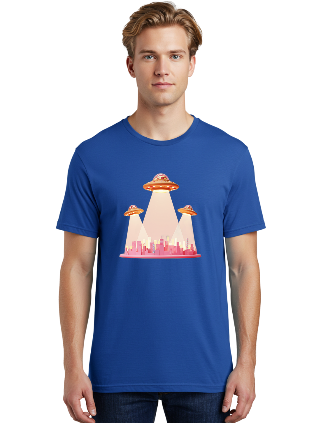 Ufos-1 Men'S Graphic Tee, 100% Cotton, Comfortable Casual Summer Wear, Machine Washable, Ufos Hovering Over City, Alien Invasion, Science Fiction, Futuristic Landscape, Urban Scenery, Extraterrestrial Life, Flying Saucers, Cityscape, Bac538