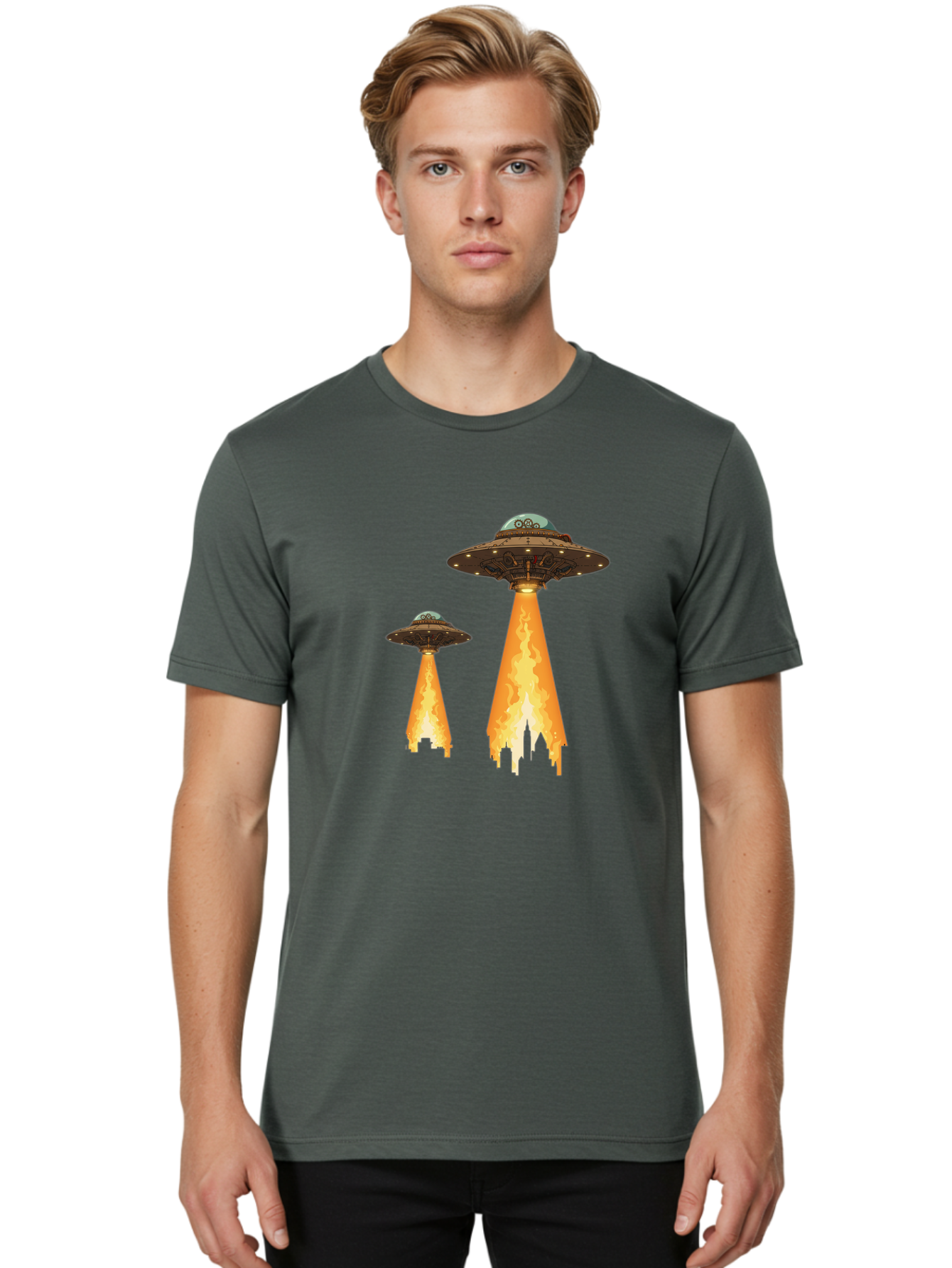 Ufos-Over-City-1 Men'S Graphic Tee, 100% Cotton, Comfortable Casual Summer Wear, Machine Washable, Ufos Hovering Over City, Flying Saucers, Alien Invasion, Extraterrestrial Life, Science Fiction, Futuristic, Cityscape, Mysterious Atmosphere, Bac539