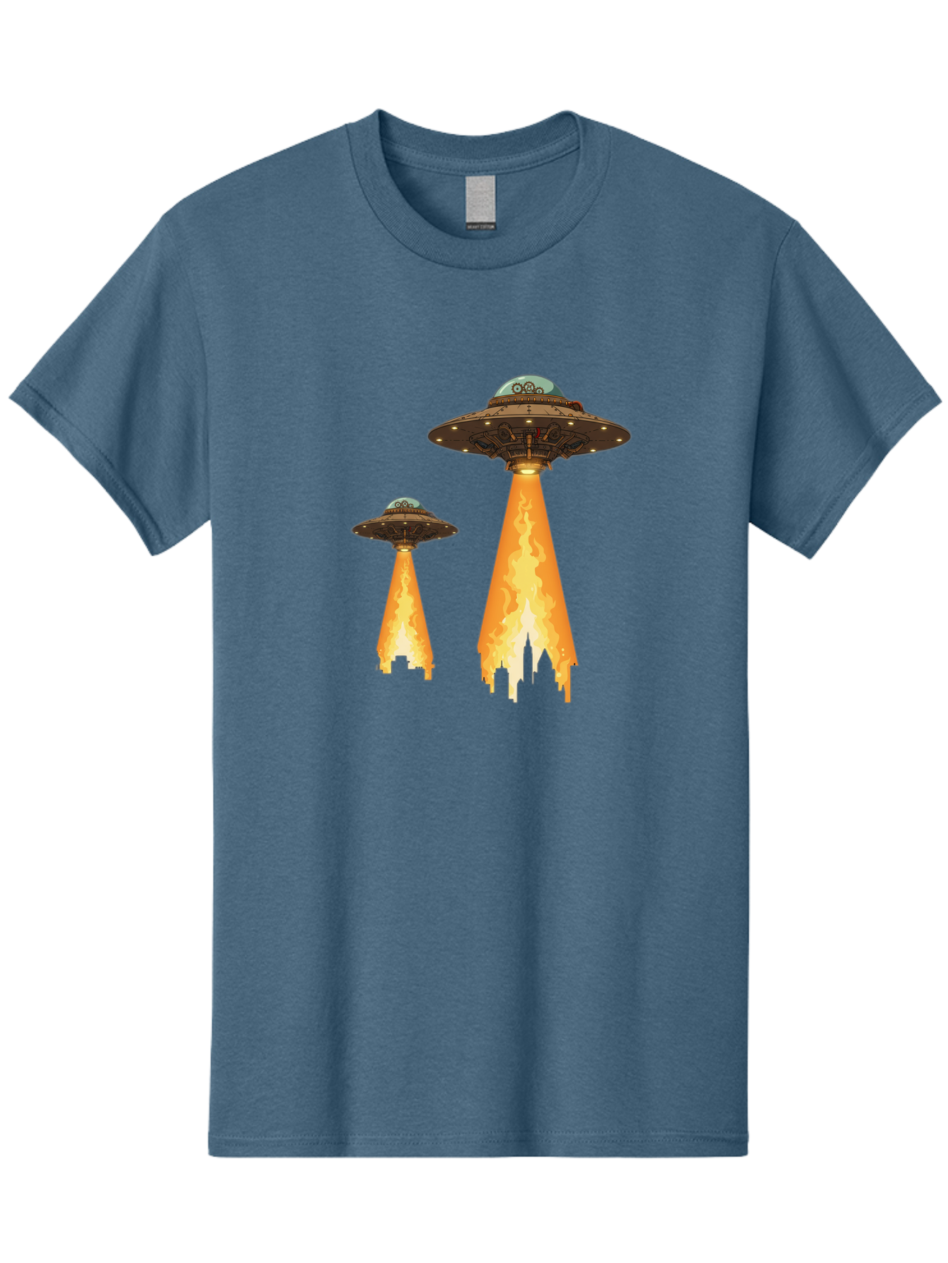 Ufos-Over-City-1 Men'S Graphic Tee, 100% Cotton, Comfortable Casual Summer Wear, Machine Washable, Ufos Hovering Over City, Flying Saucers, Alien Invasion, Extraterrestrial Life, Science Fiction, Futuristic, Cityscape, Mysterious Atmosphere, Bac539